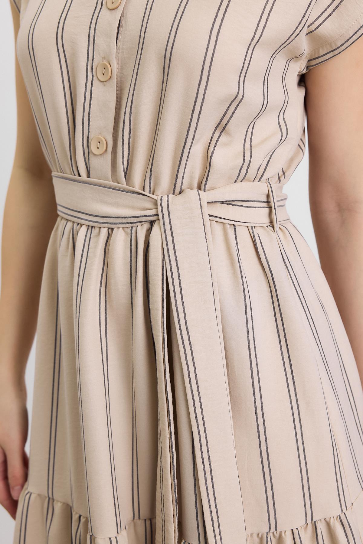4443A Çizgili Bel Bağlamalı Uzun Elbise Bej - 8