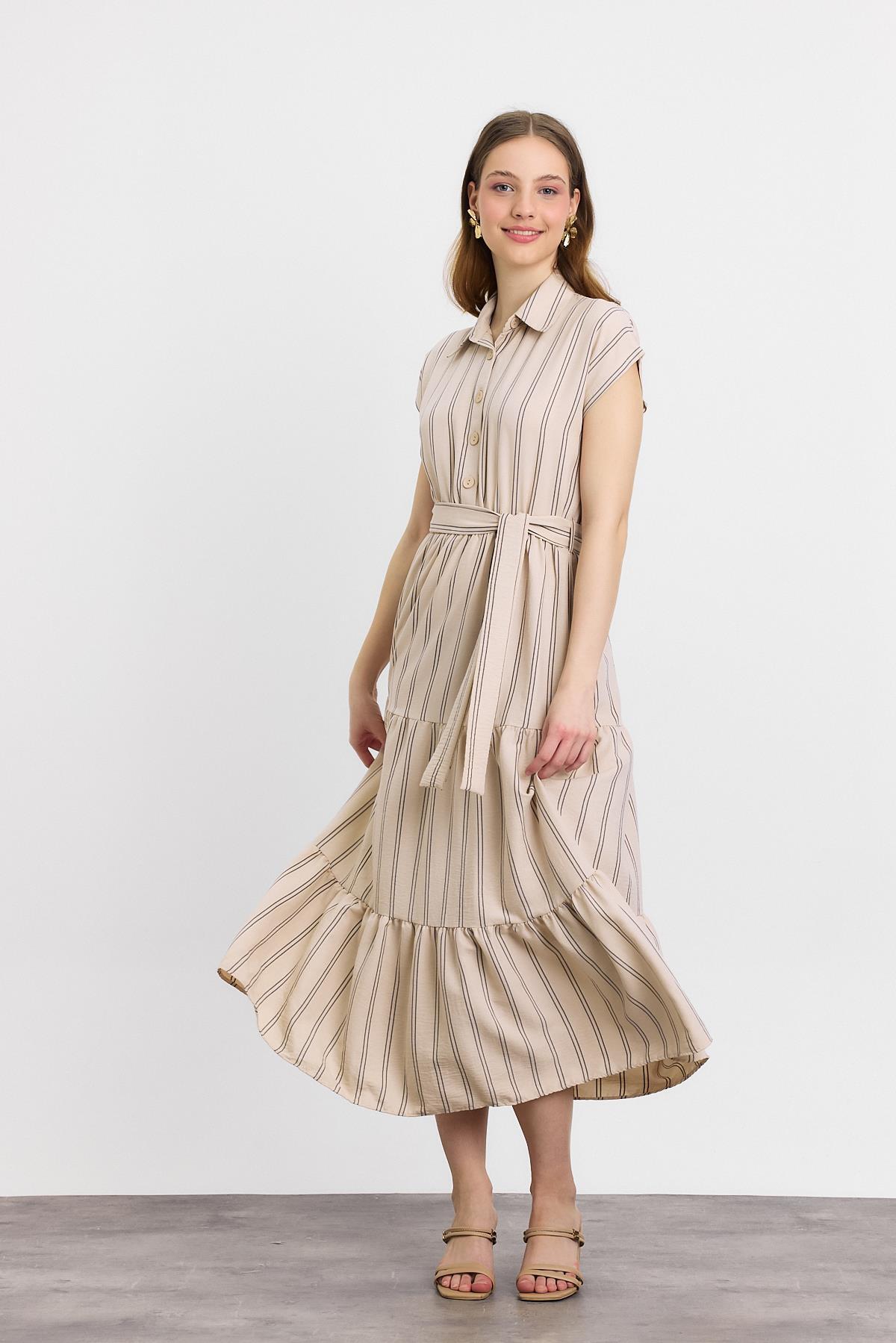 Bej Çizgili Bel Bağlamalı Uzun Elbise 4443A - 2