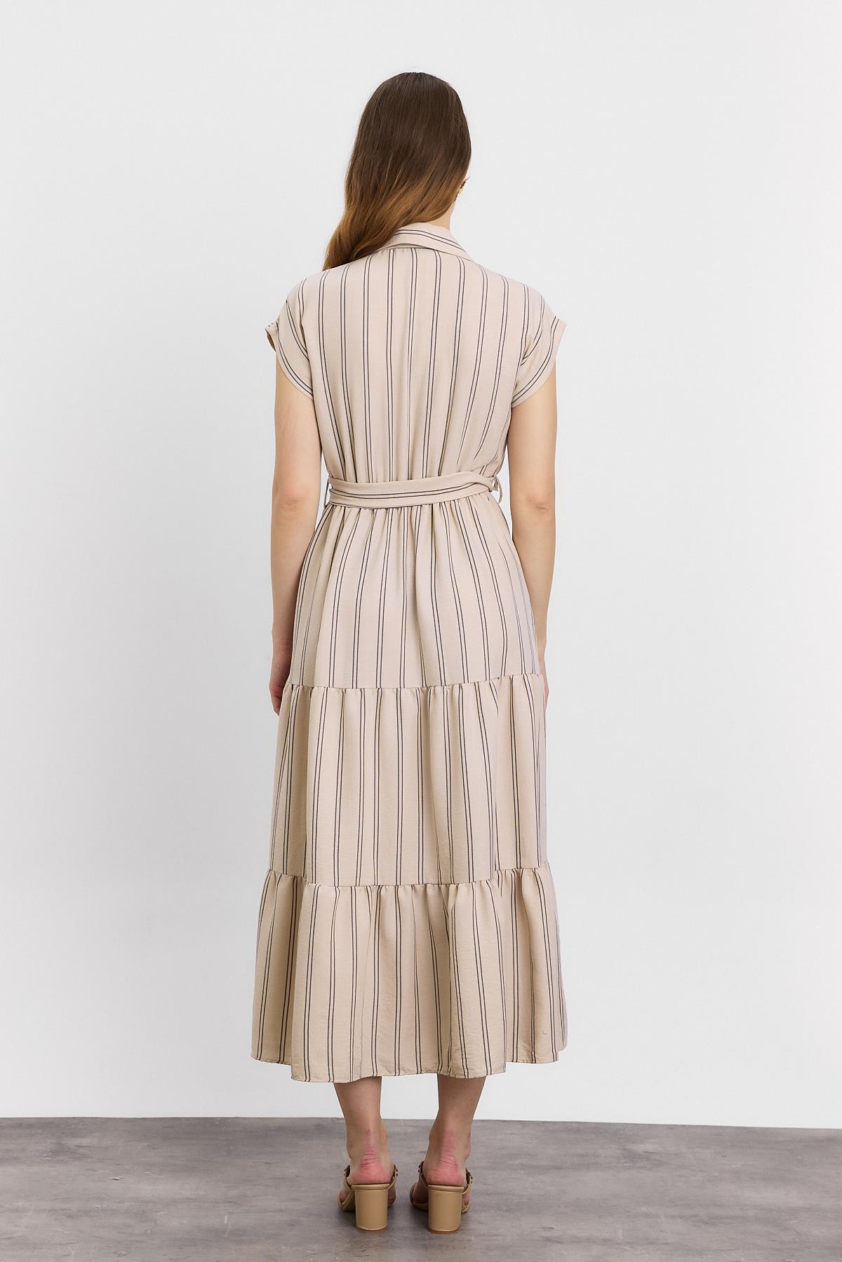 Bej Çizgili Bel Bağlamalı Uzun Elbise 4443A - 5