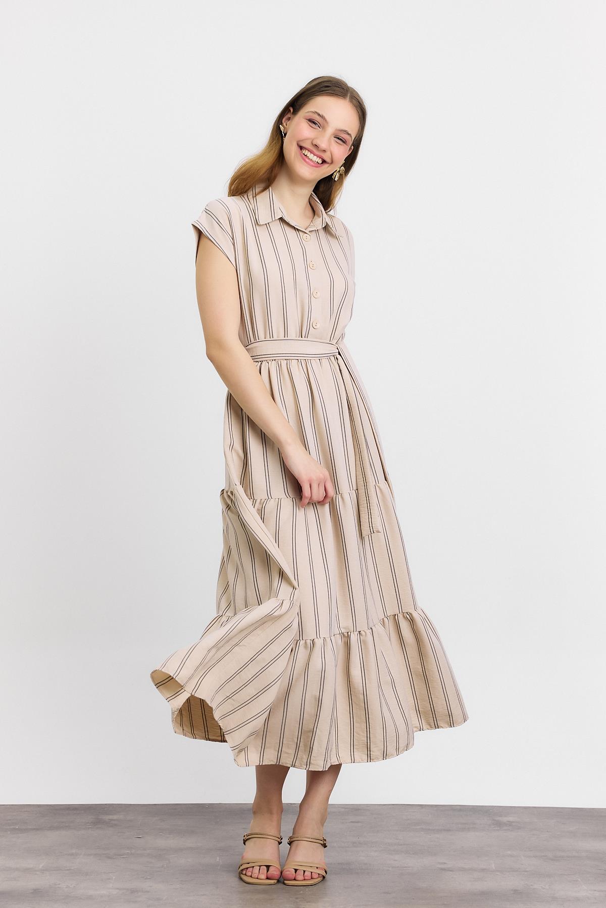 Bej Çizgili Bel Bağlamalı Uzun Elbise 4443A - 7