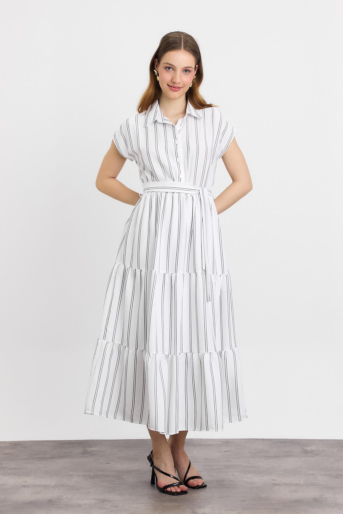 4443A Çizgili Bel Bağlamalı Uzun Elbise Ekru - 2