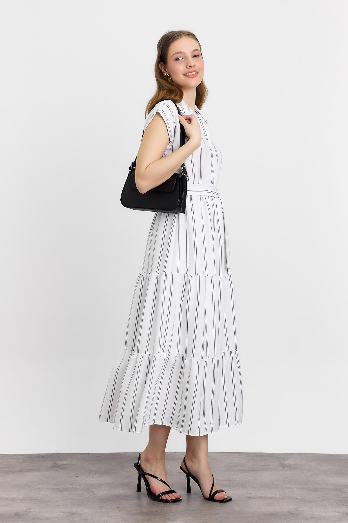 4443A Çizgili Bel Bağlamalı Uzun Elbise Ekru - 7