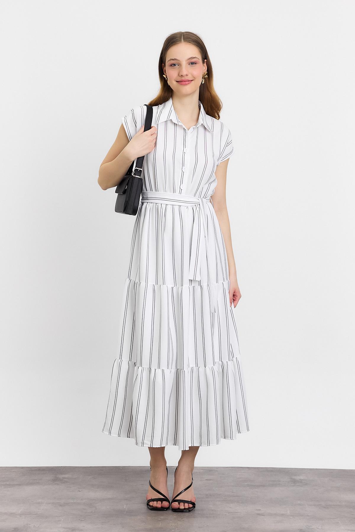 4443A Çizgili Bel Bağlamalı Uzun Elbise Ekru 