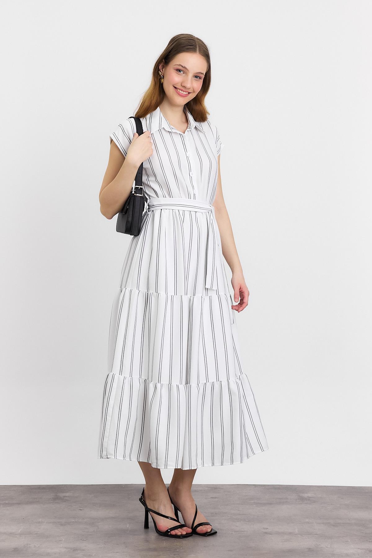 4443A Çizgili Bel Bağlamalı Uzun Elbise Ekru - 6