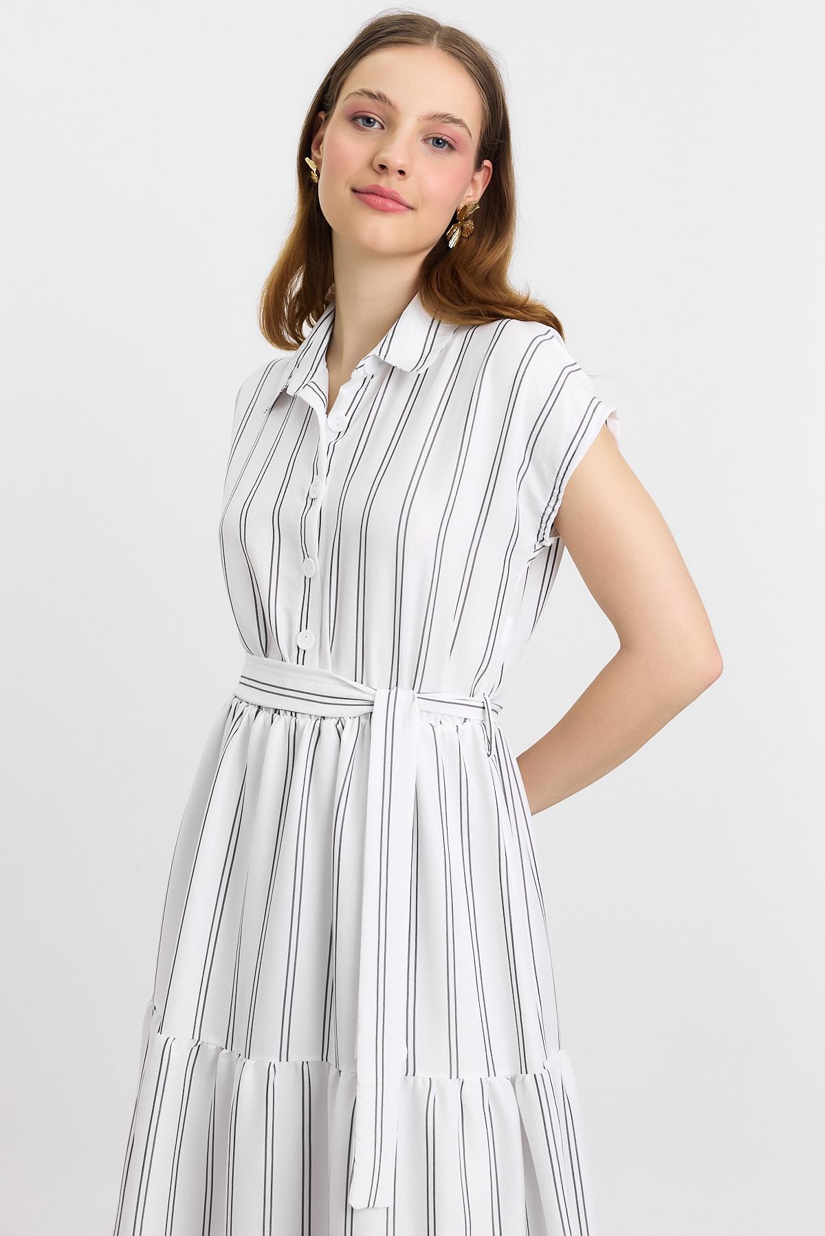 Ekru Çizgili Bel Bağlamalı Uzun Elbise 4443A - 3