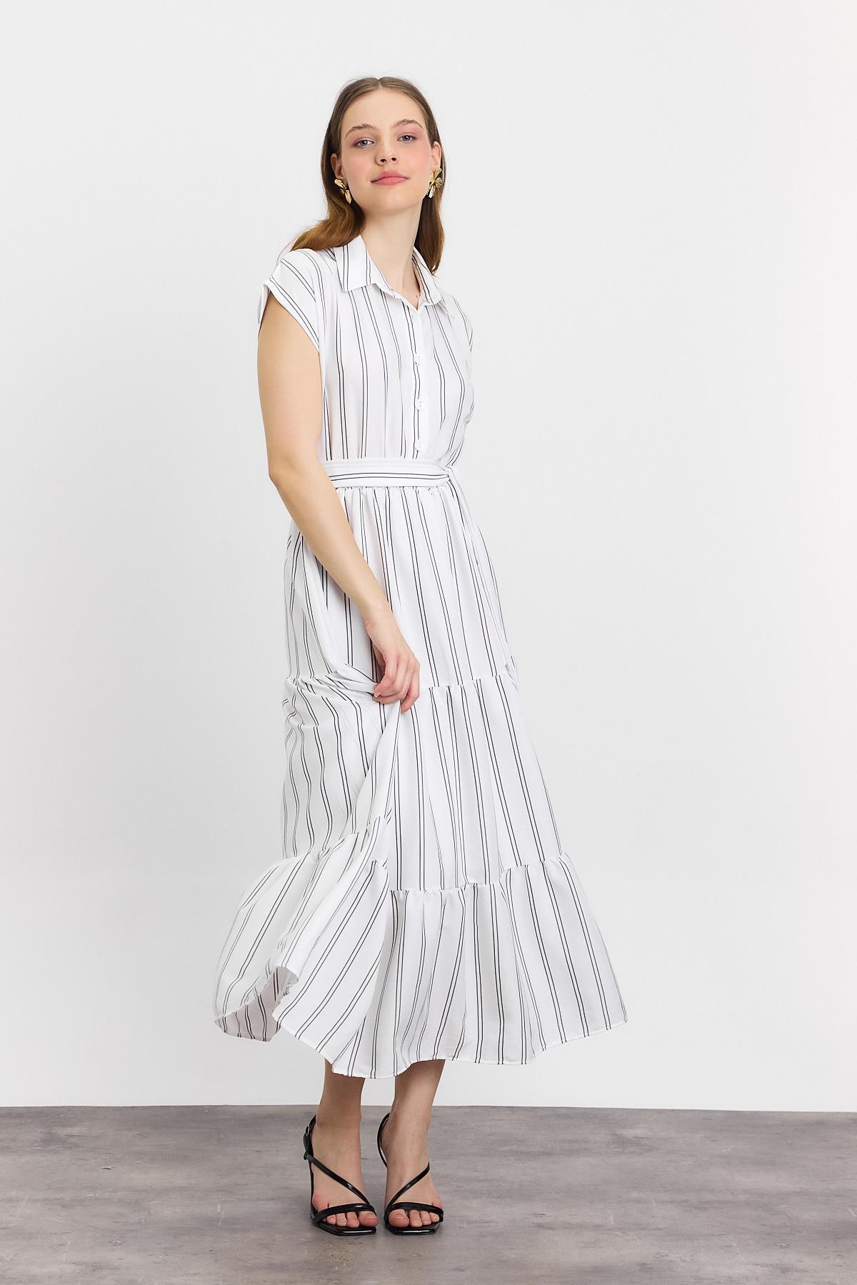 Ekru Çizgili Bel Bağlamalı Uzun Elbise 4443A - 5