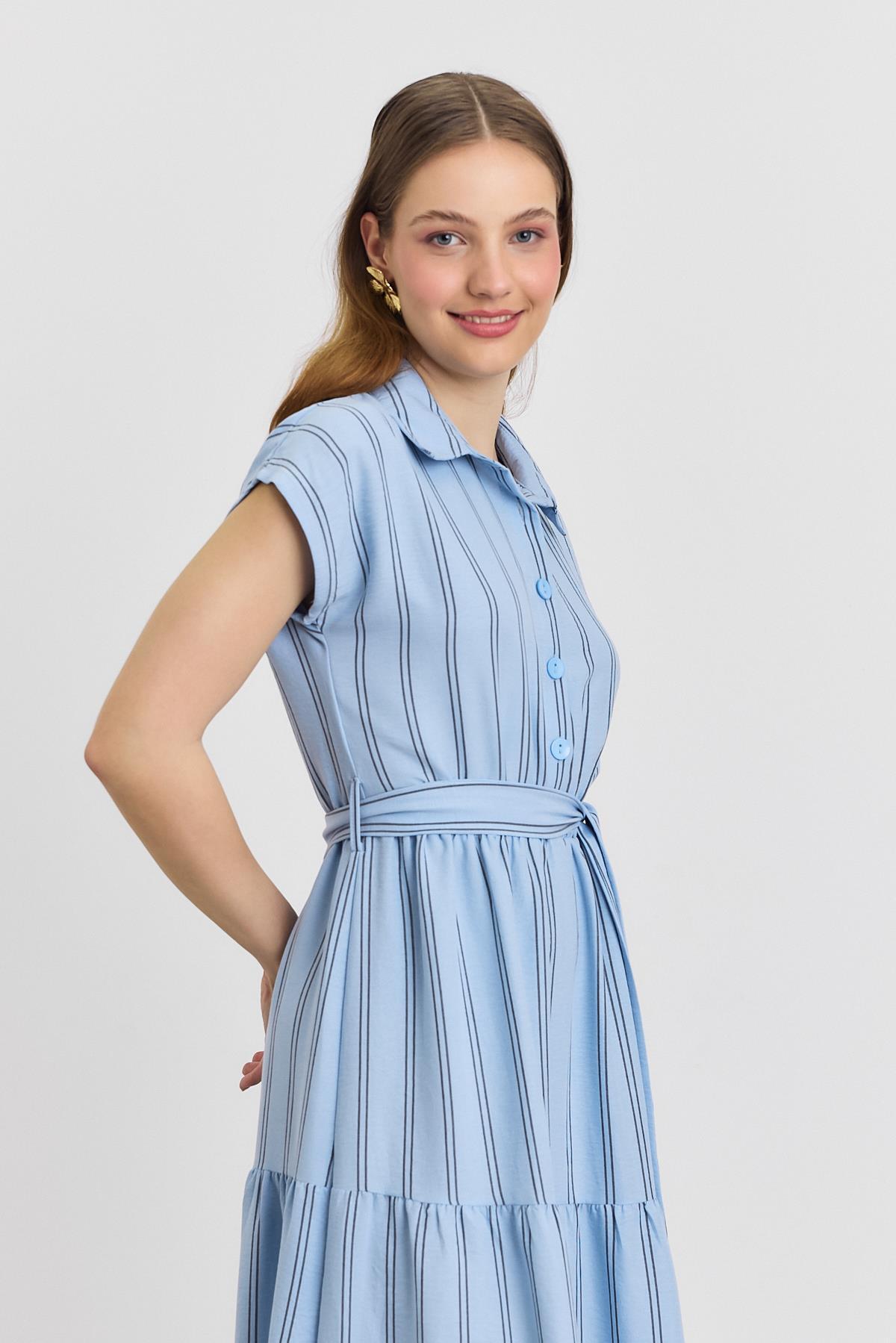 4443A Çizgili Bel Bağlamalı Uzun Elbise Mavi - 3