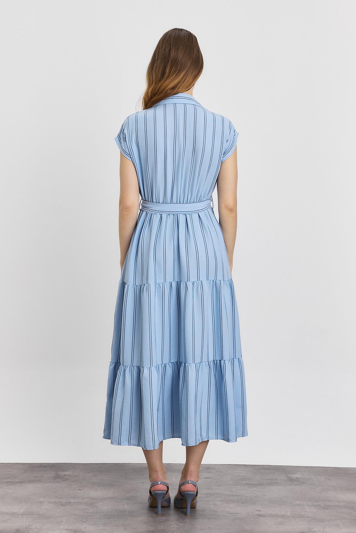 4443A Çizgili Bel Bağlamalı Uzun Elbise Mavi - 5