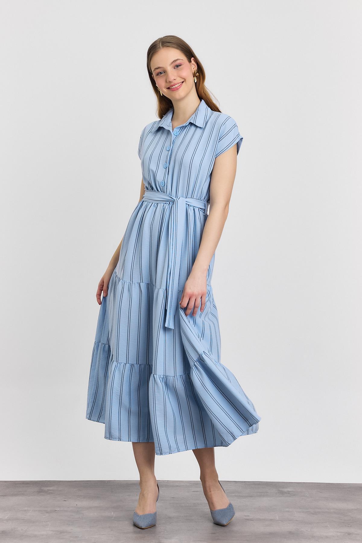 Mavi Çizgili Bel Bağlamalı Uzun Elbise 4443A - 1