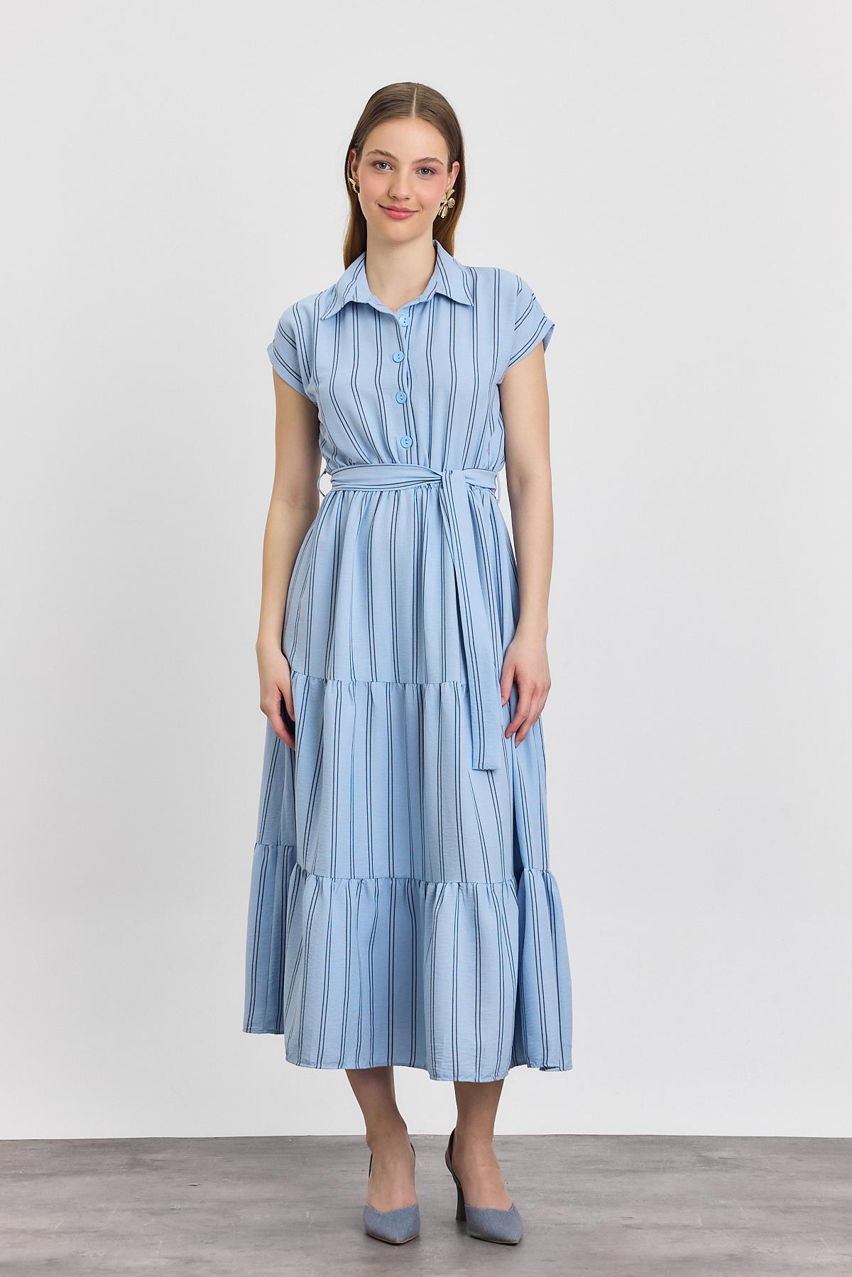 Mavi Çizgili Bel Bağlamalı Uzun Elbise 4443A - 2