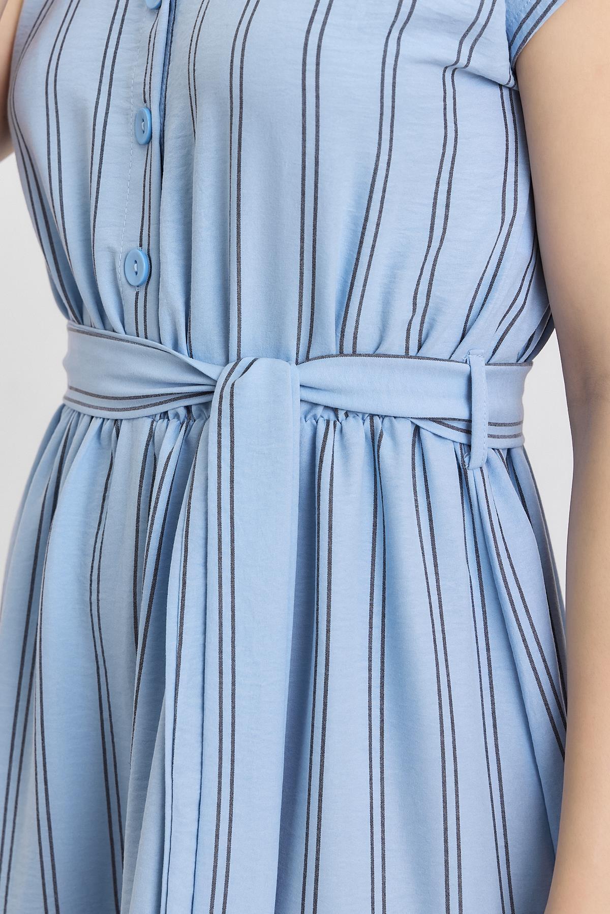 Mavi Çizgili Bel Bağlamalı Uzun Elbise 4443A - 6