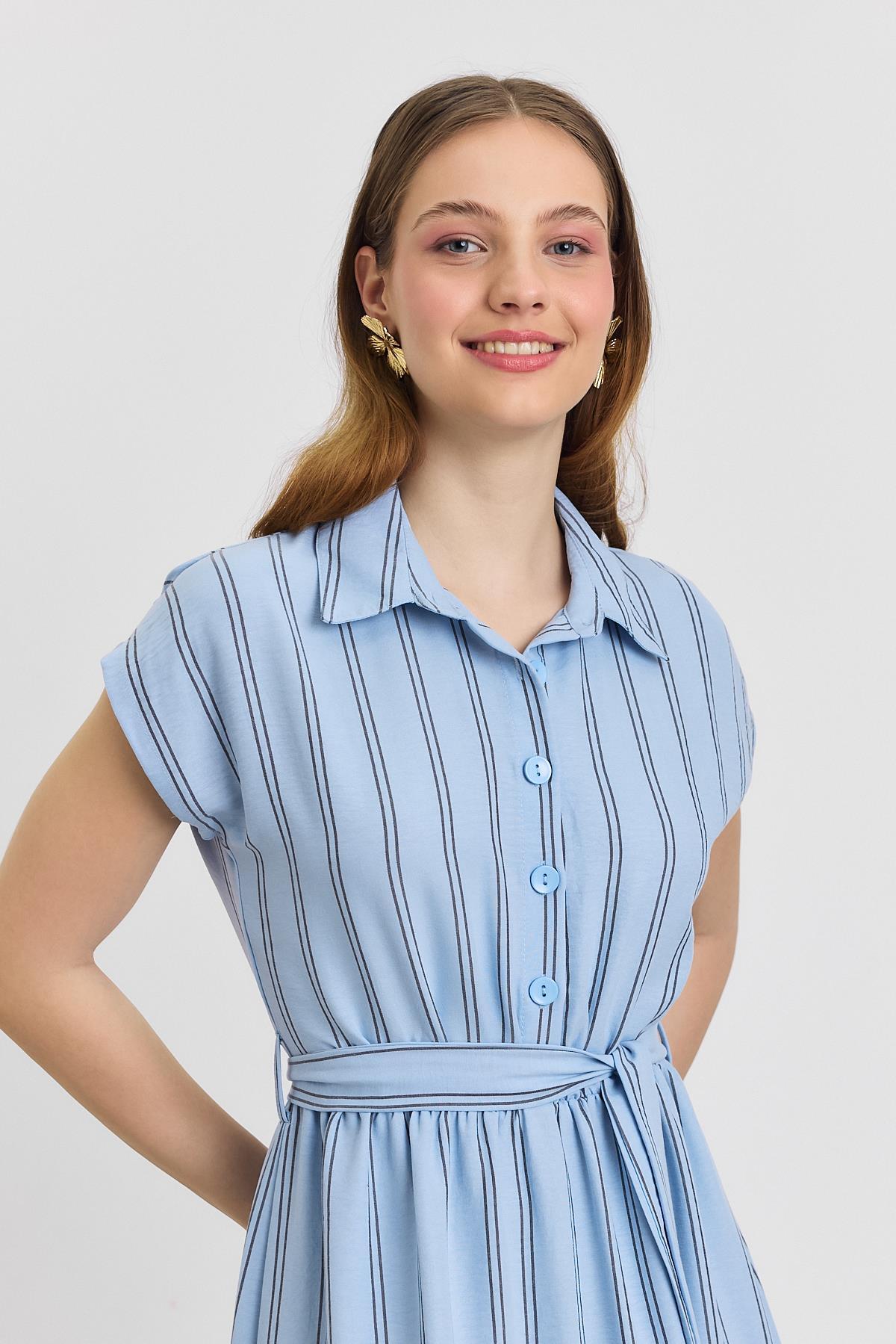 Mavi Çizgili Bel Bağlamalı Uzun Elbise 4443A - 7