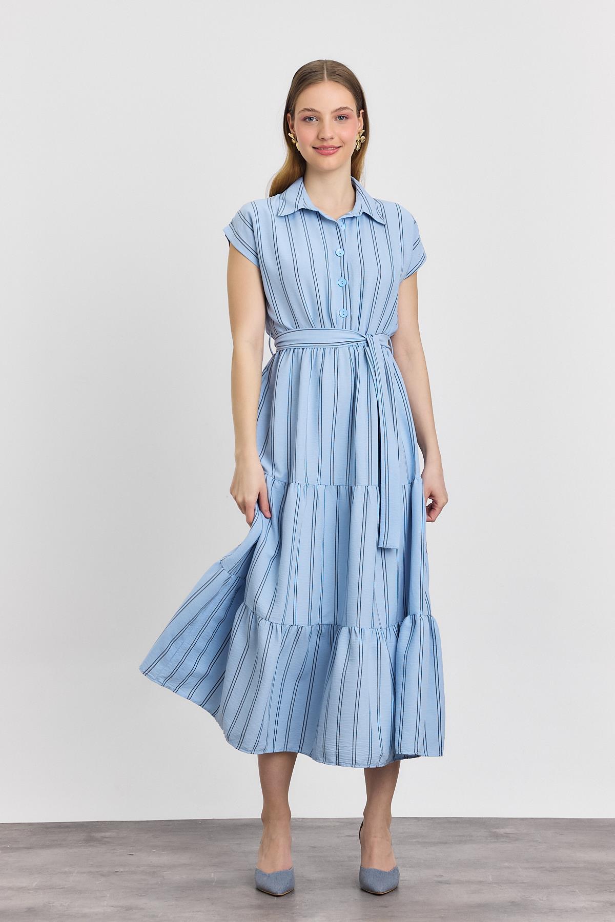 Mavi Çizgili Bel Bağlamalı Uzun Elbise 4443A - 8