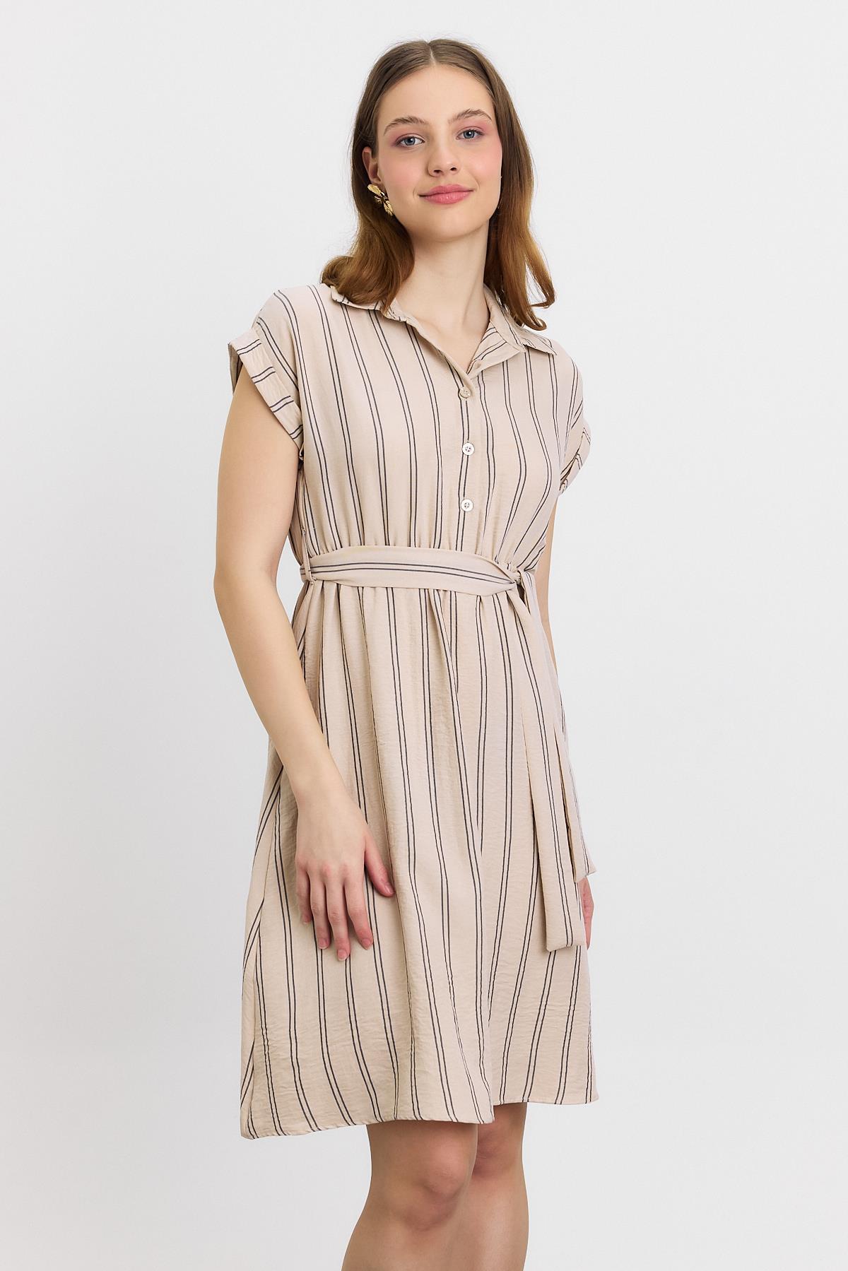 4444A Çizgili Sıfır Kol Elbise Bej - 2
