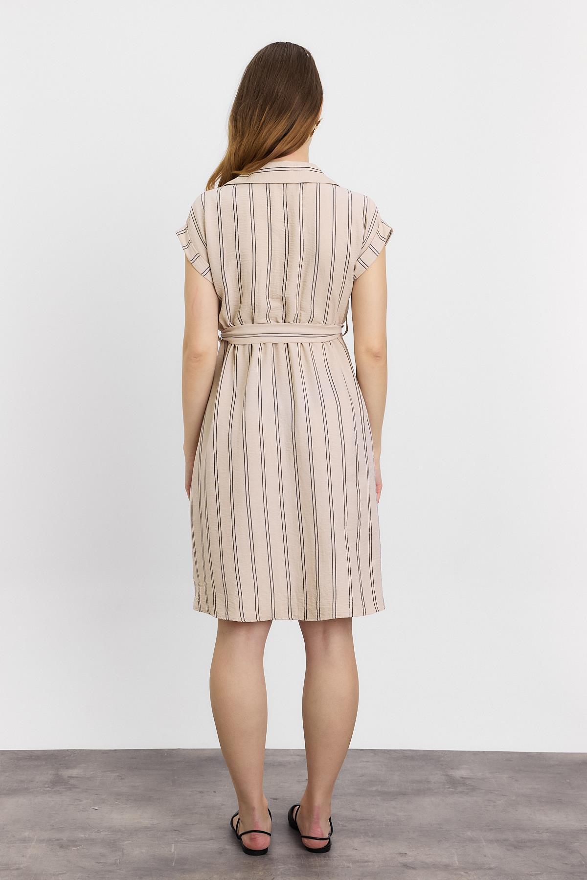 4444A Çizgili Sıfır Kol Elbise Bej - 5