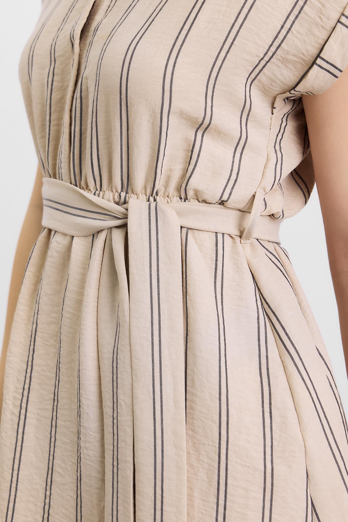 4444A Çizgili Sıfır Kol Elbise Bej - 6