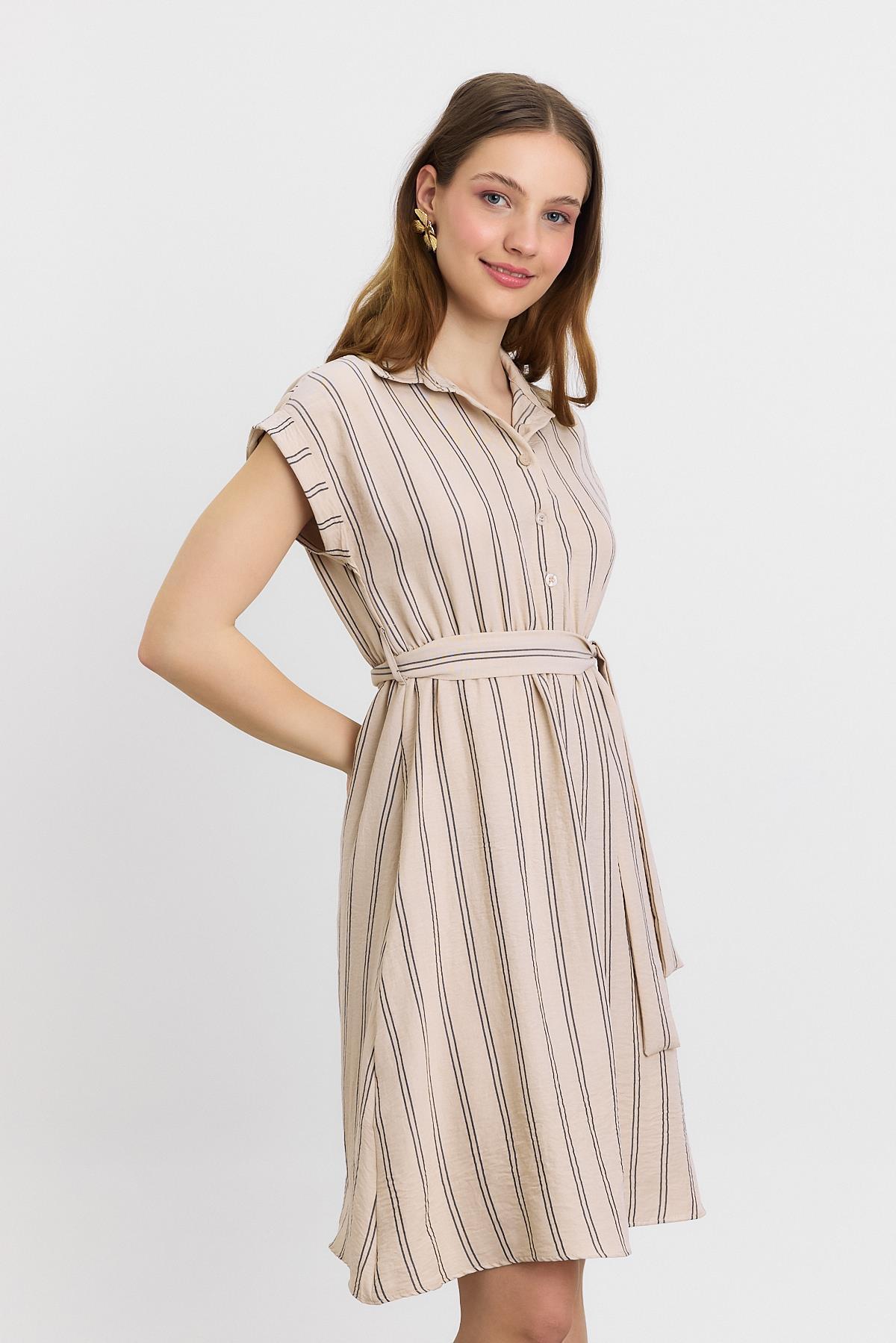 Bej Çizgili Sıfır Kol Elbise 4444A - 3