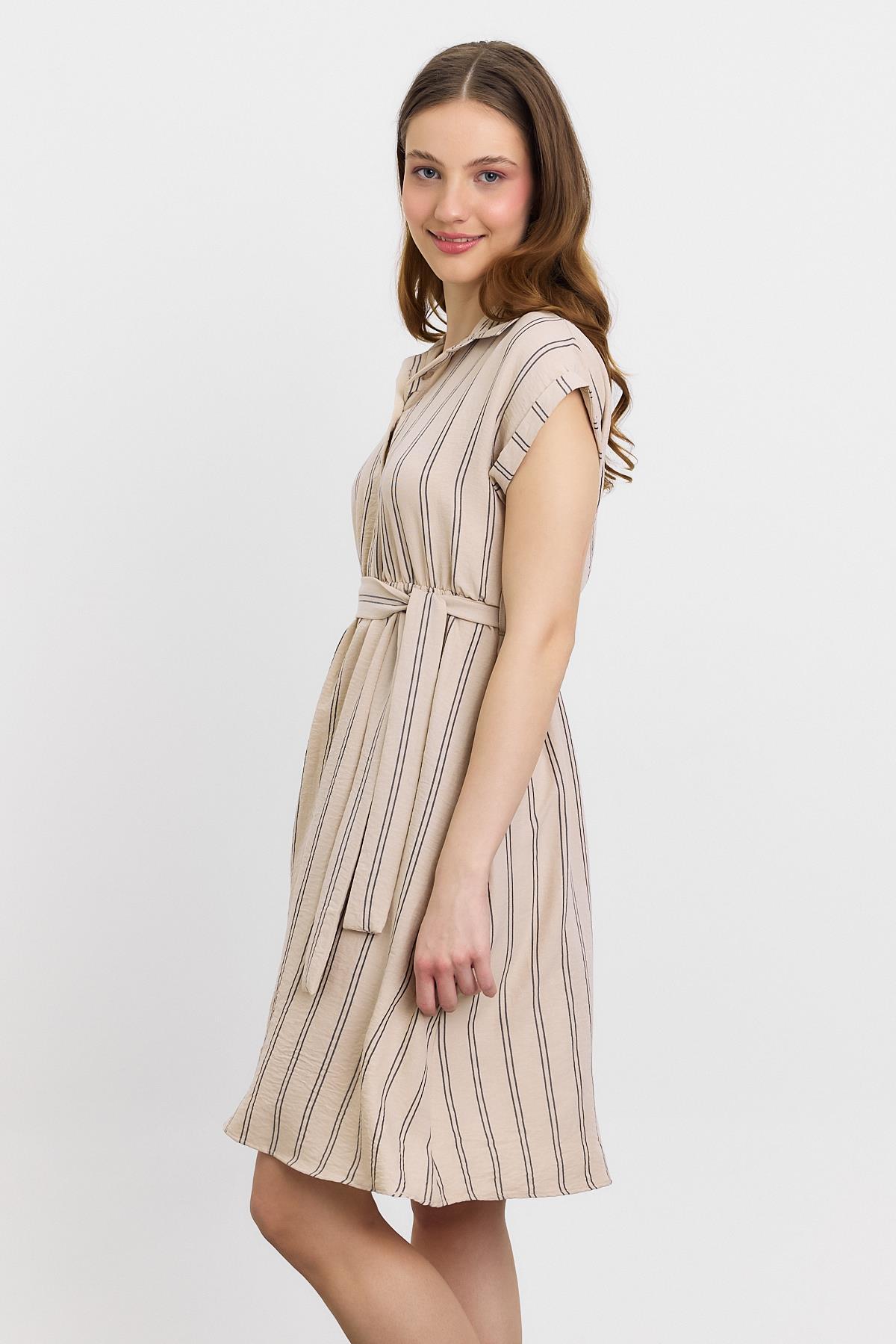 Bej Çizgili Sıfır Kol Elbise 4444A - 7