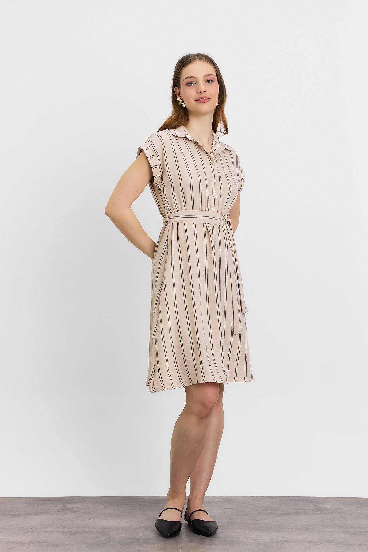 Bej Çizgili Sıfır Kol Elbise 4444A - 8