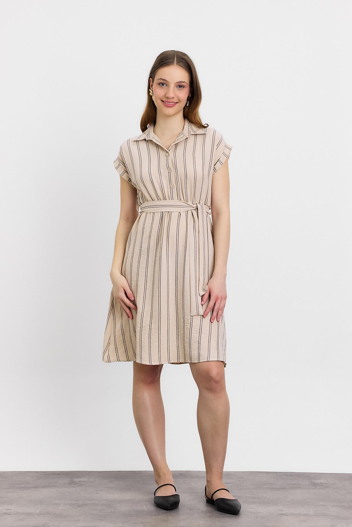 Çizgili Sıfır Kol Elbise 4444A Bej 