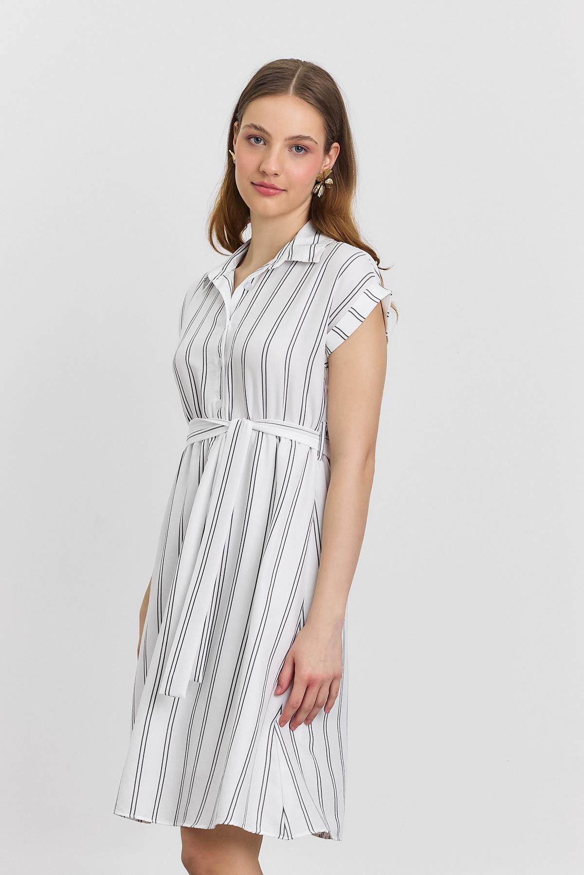 4444A Çizgili Sıfır Kol Elbise Ekru - 2