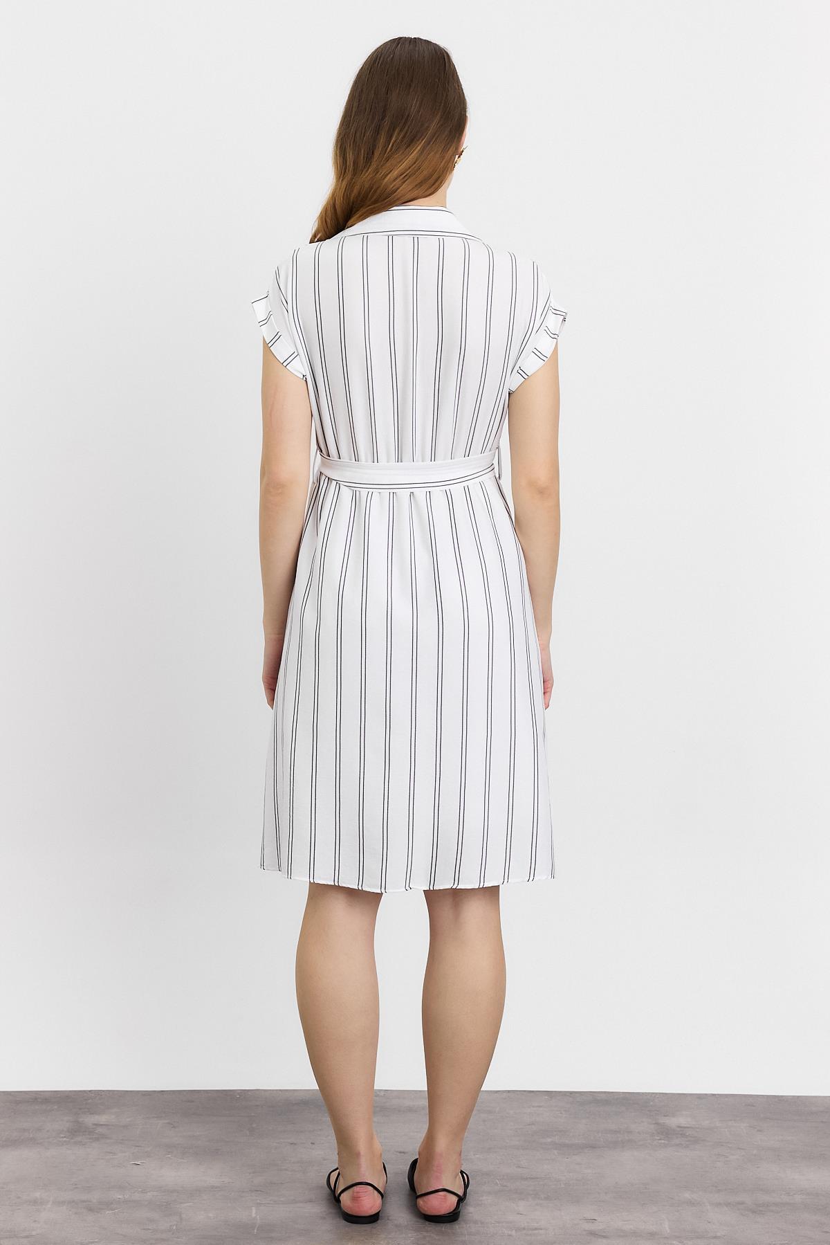 4444A Çizgili Sıfır Kol Elbise Ekru - 5