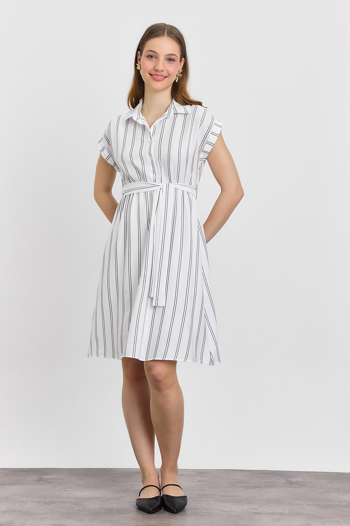 4444A Çizgili Sıfır Kol Elbise Ekru - 7