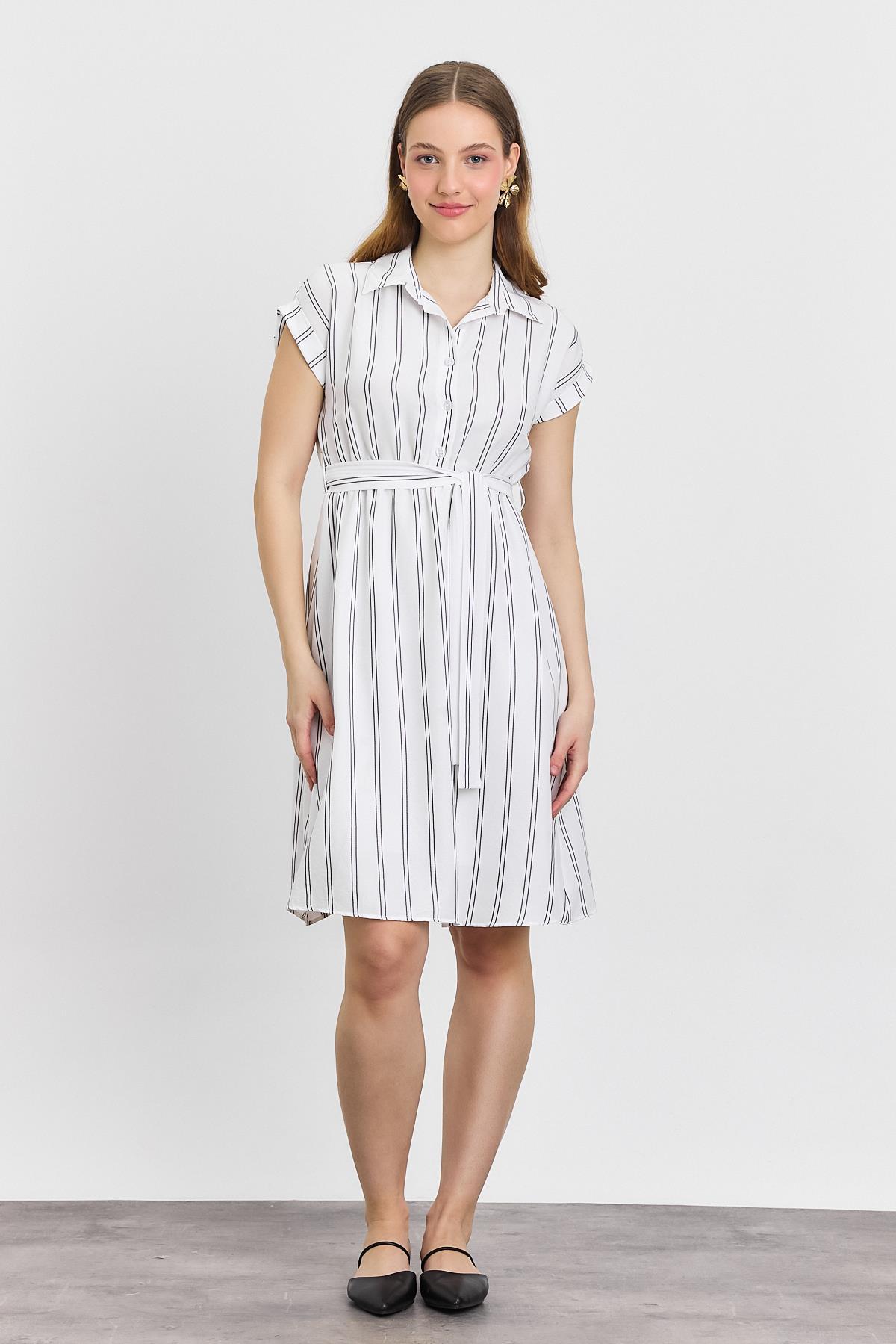 Ekru Çizgili Sıfır Kol Elbise 4444A - 1