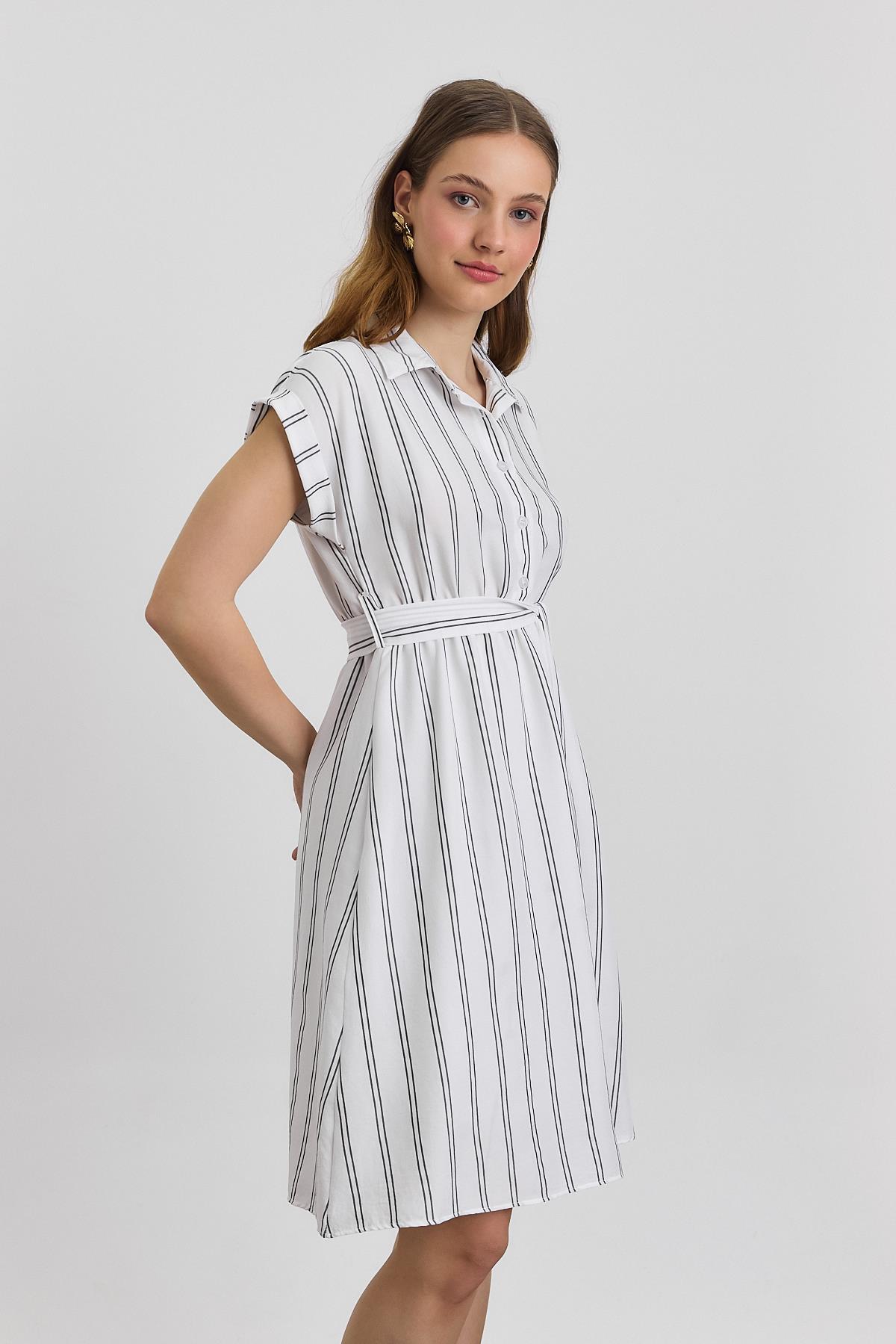 Ekru Çizgili Sıfır Kol Elbise 4444A - 3