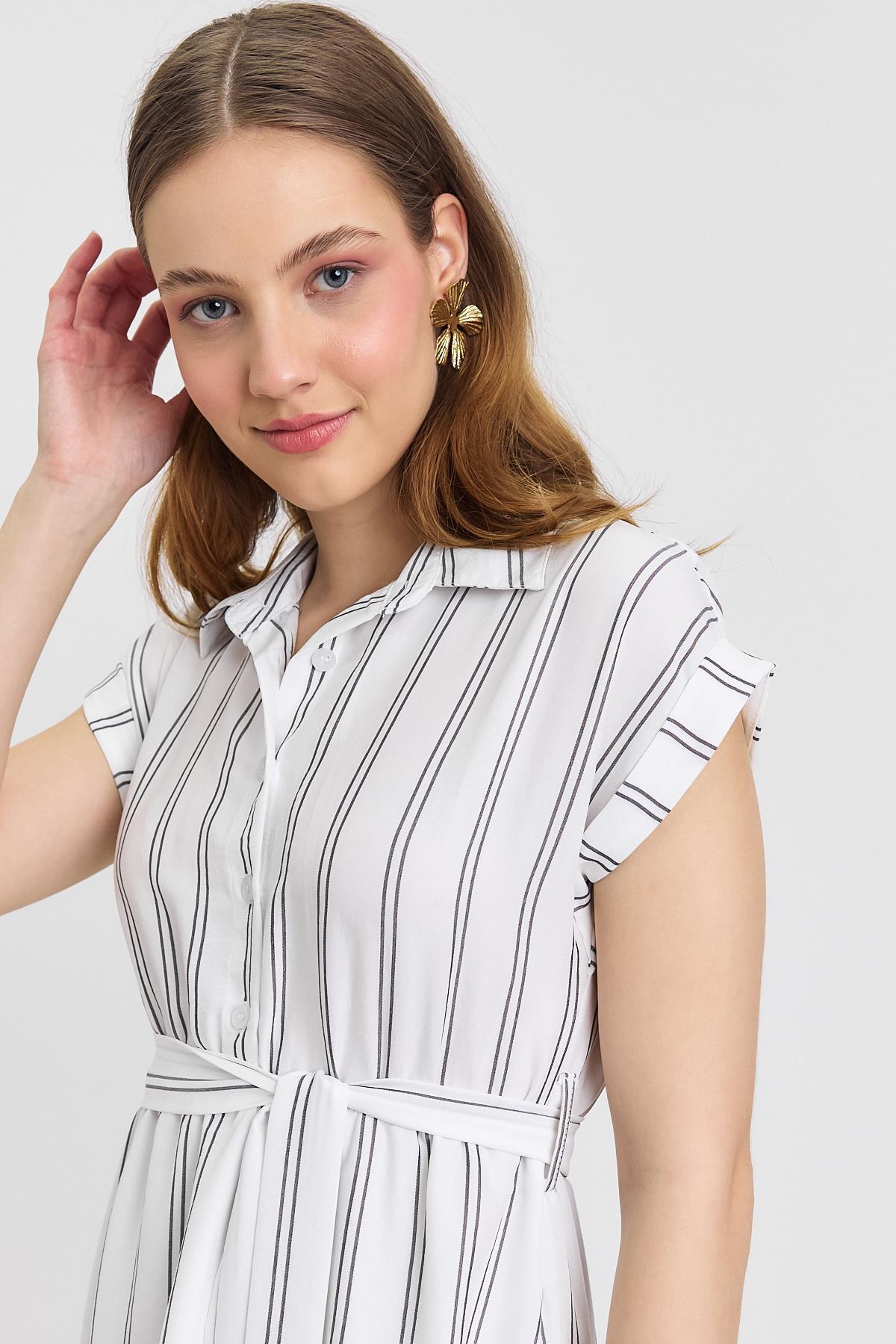 Ekru Çizgili Sıfır Kol Elbise 4444A - 8