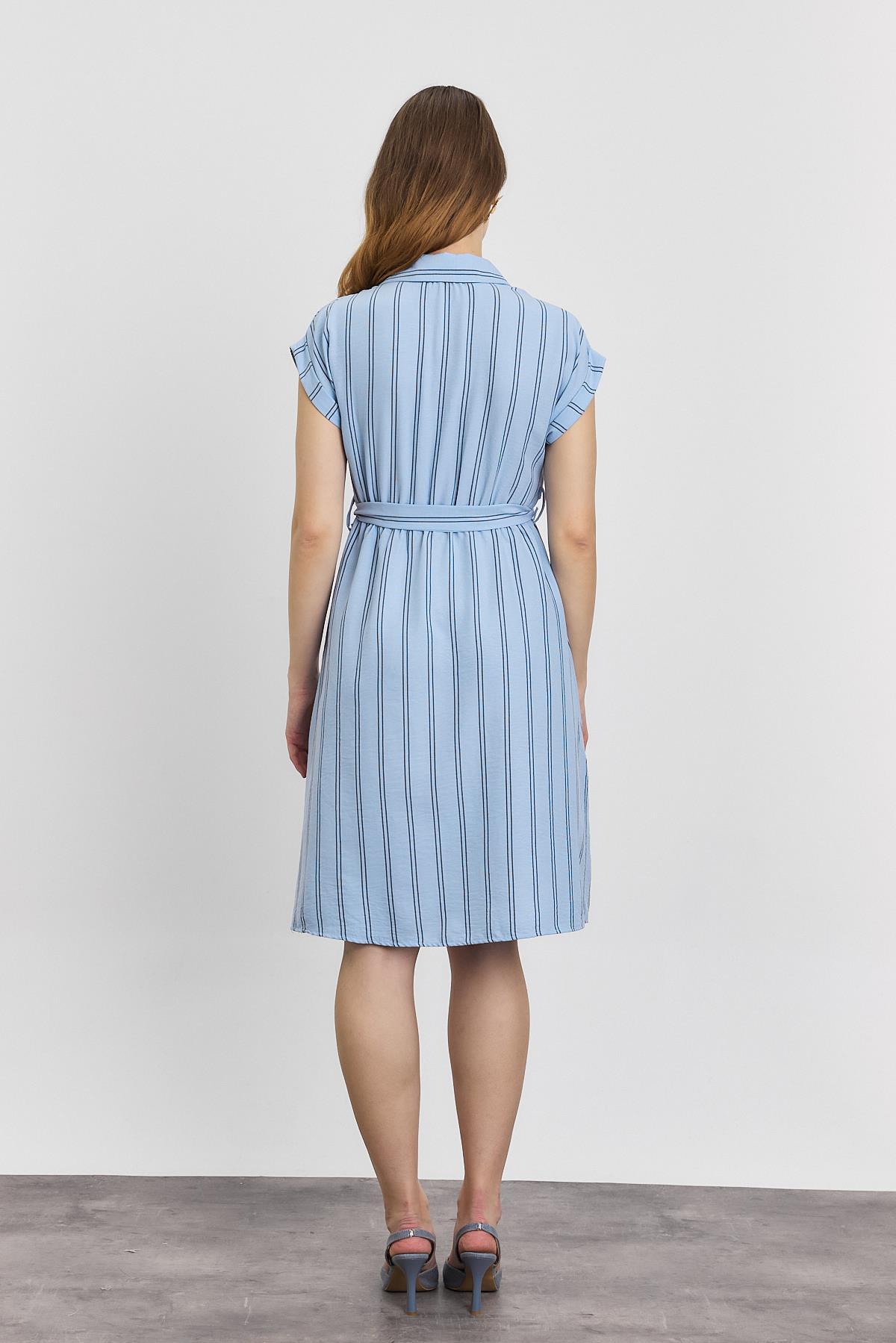 4444A Çizgili Sıfır Kol Elbise Mavi - 5
