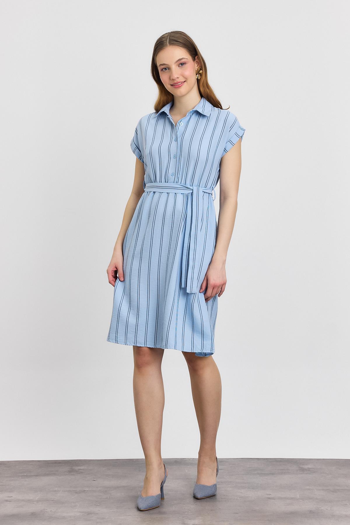 4444A Çizgili Sıfır Kol Elbise Mavi - 8