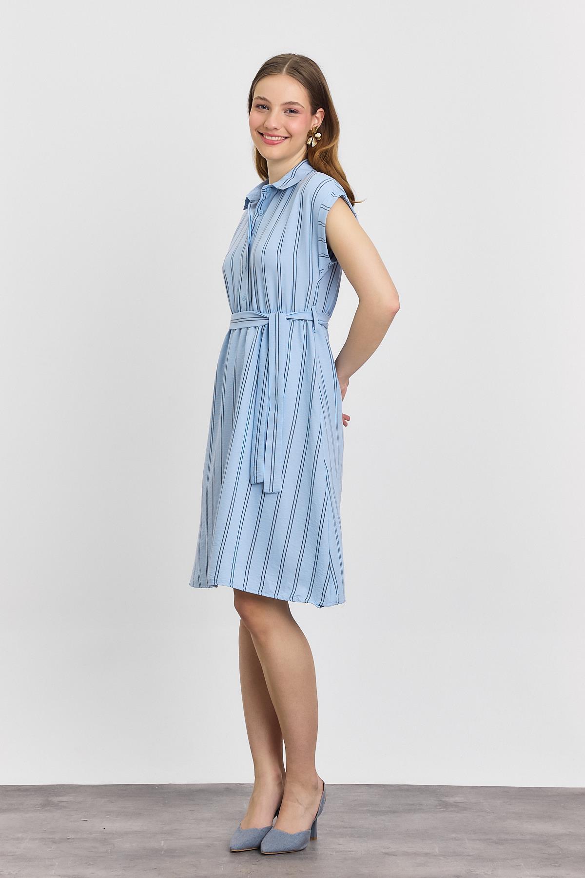4444A Çizgili Sıfır Kol Elbise Mavi - 6