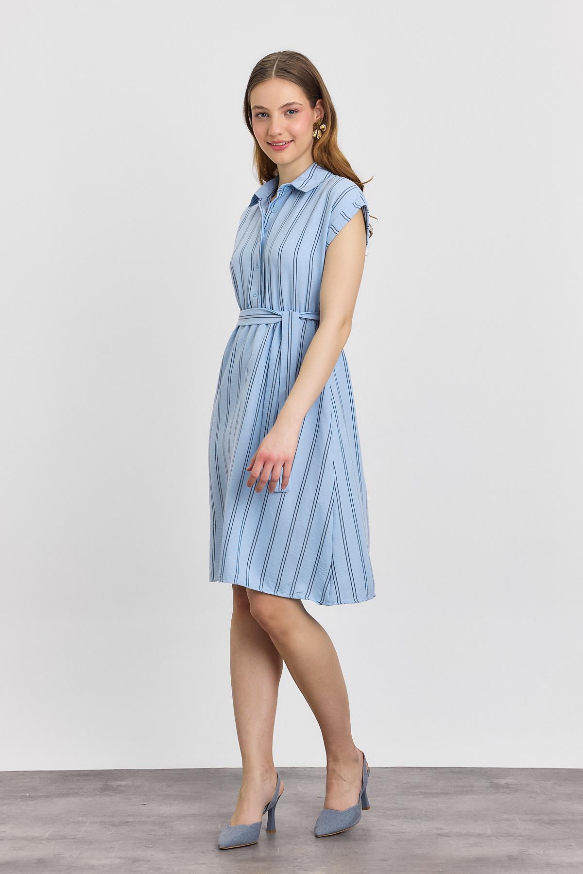 Mavi Çizgili Sıfır Kol Elbise 4444A - 7