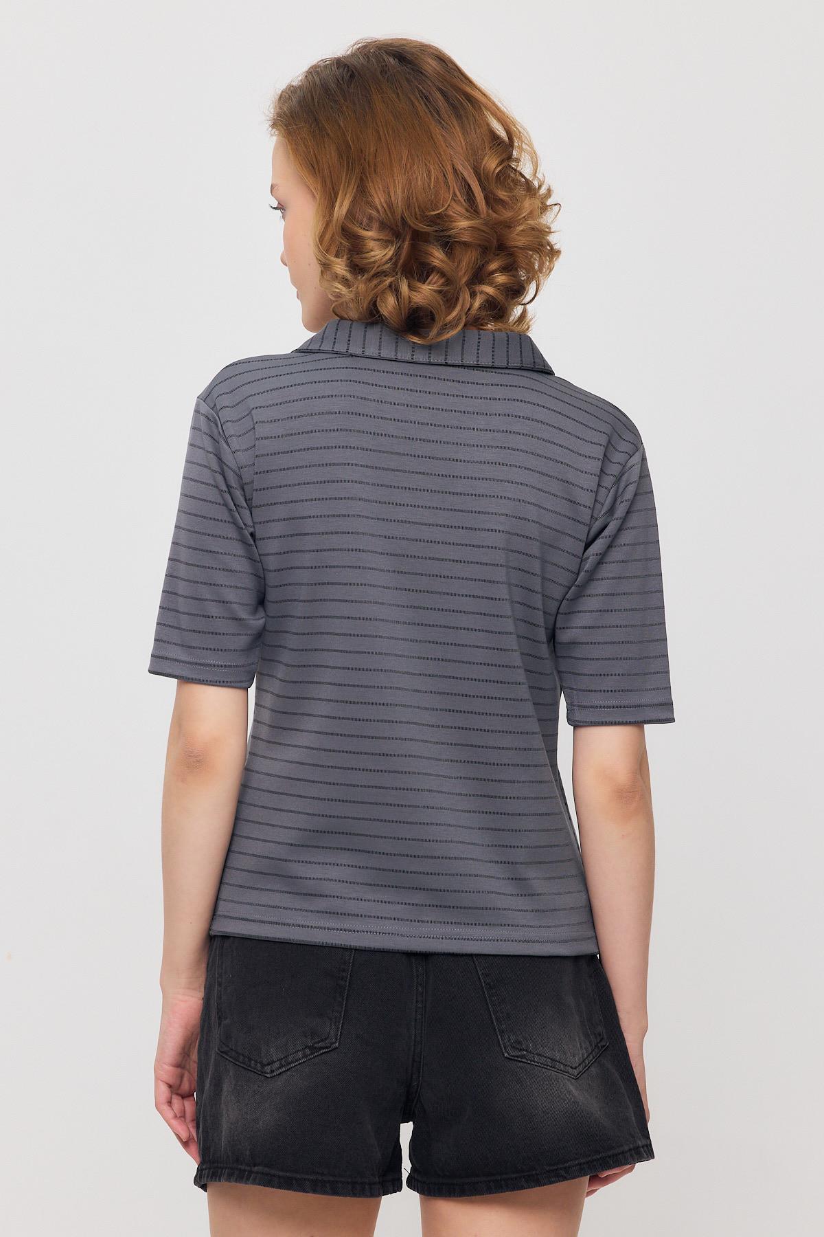 Füme V Yaka Çizgili Kısa Tişört 4449A - 5