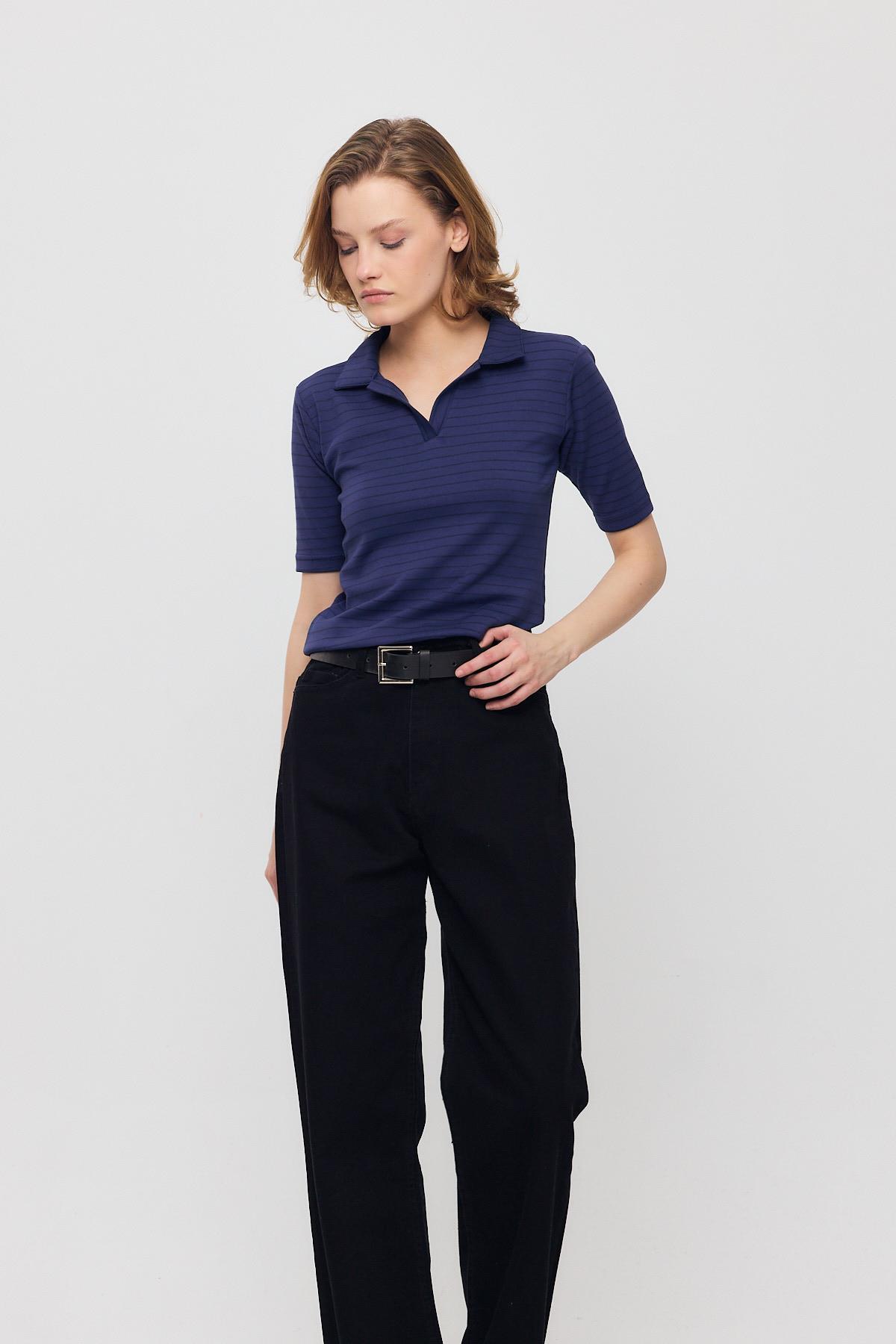 4449A V Yaka Çizgili Kısa Tişört Laci - 3