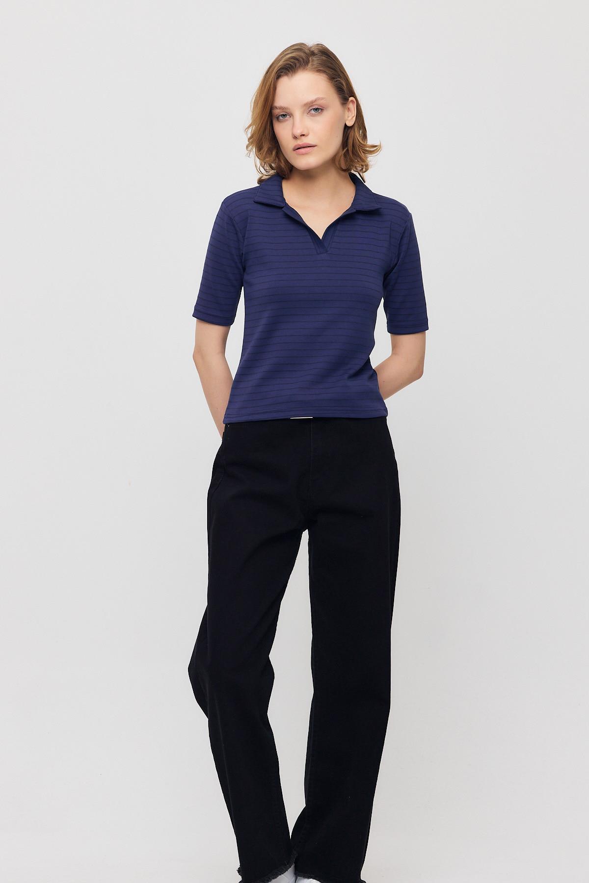 4449A V Yaka Çizgili Kısa Tişört Laci - 6