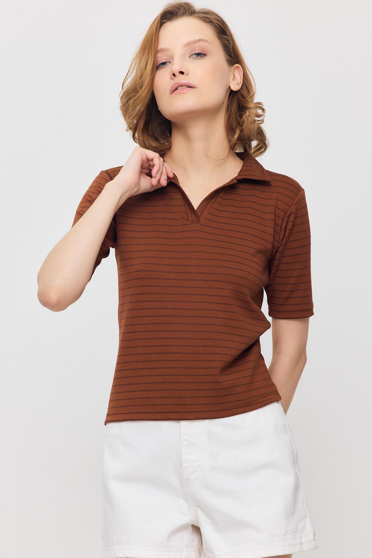 4449A V Yaka Çizgili Kısa Tişört Taba - 6