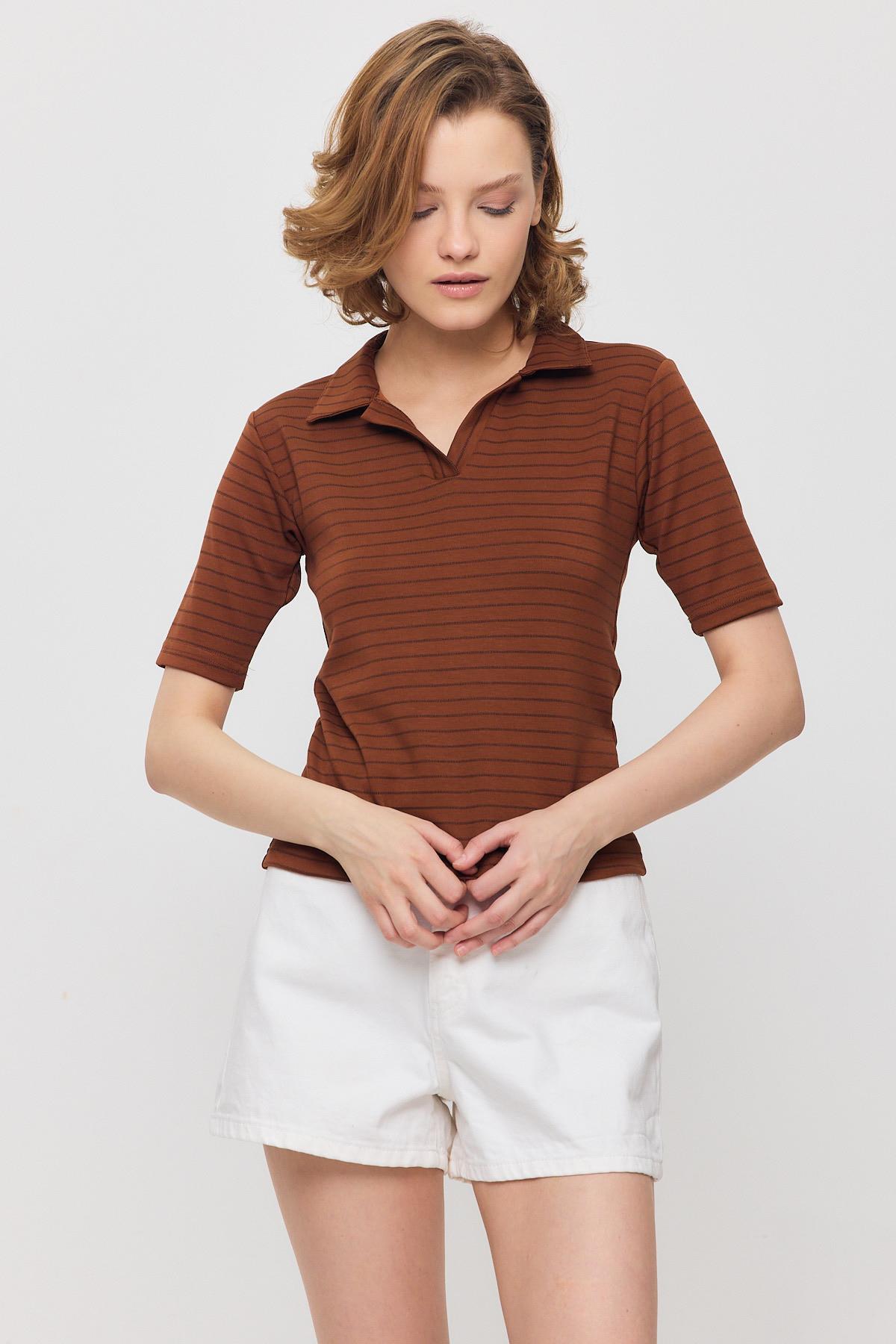 4449A V Yaka Çizgili Kısa Tişört Taba - 7