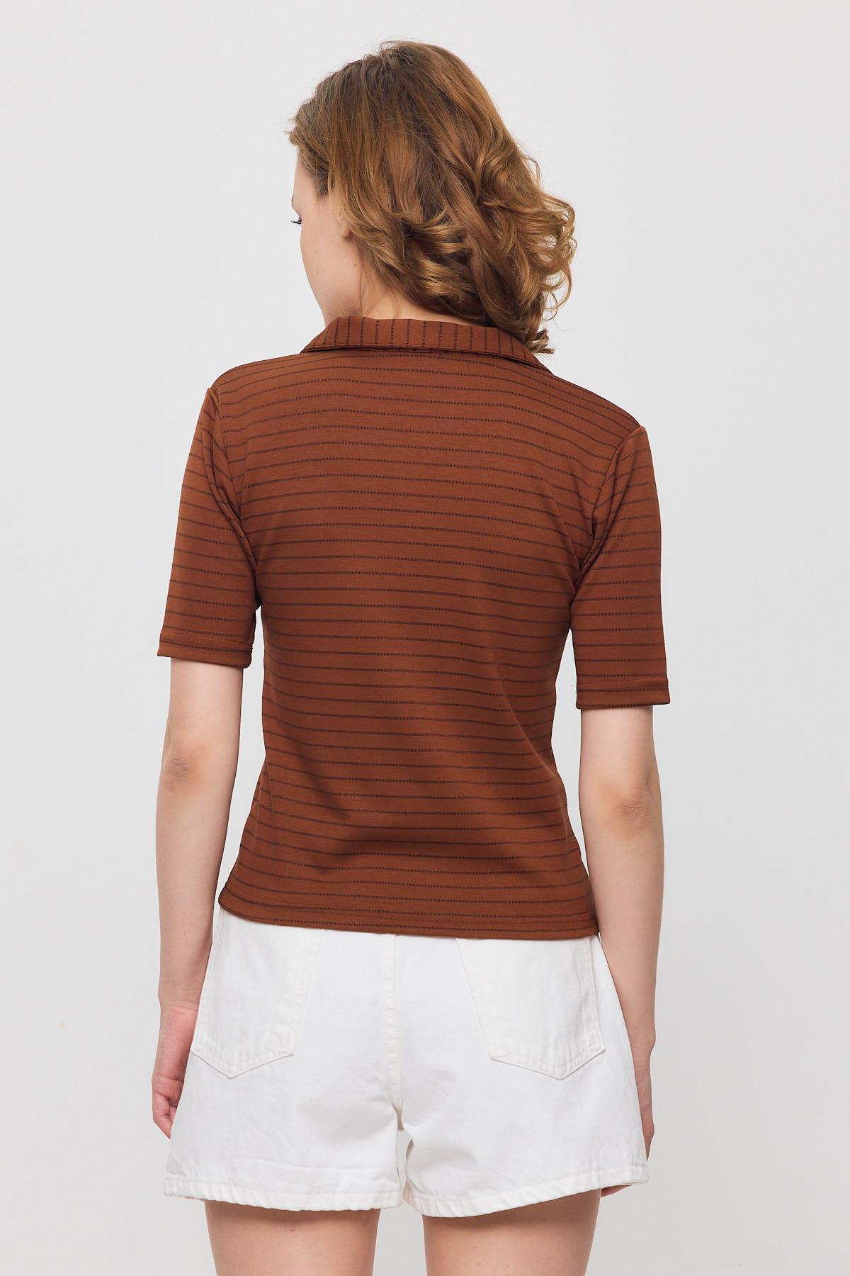 4449A V Yaka Çizgili Kısa Tişört Taba - 5