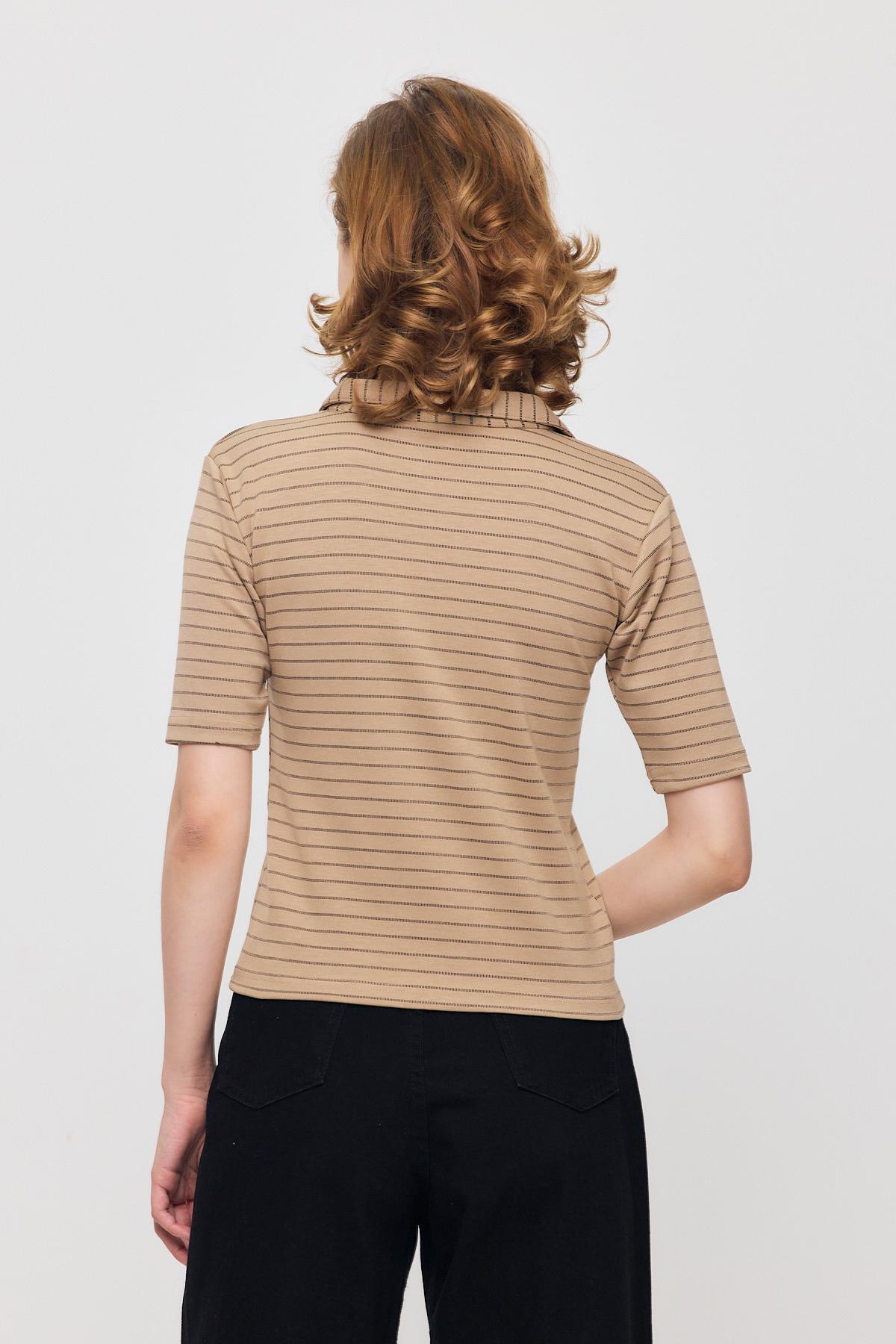 4449A V Yaka Çizgili Kısa Tişört Vizon - 5