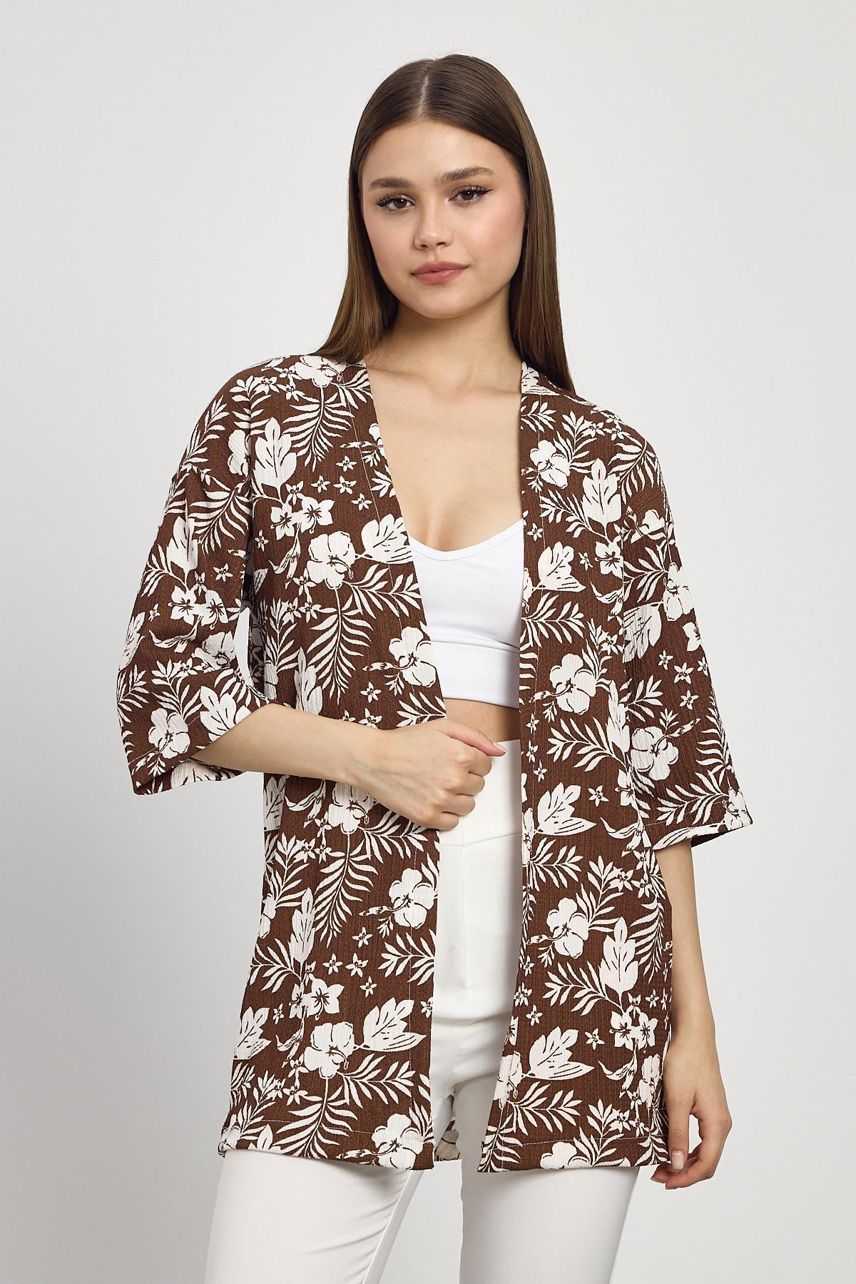 Çiçek Desen Fakir Kol Kimono 4463A Kahve - RAYS
