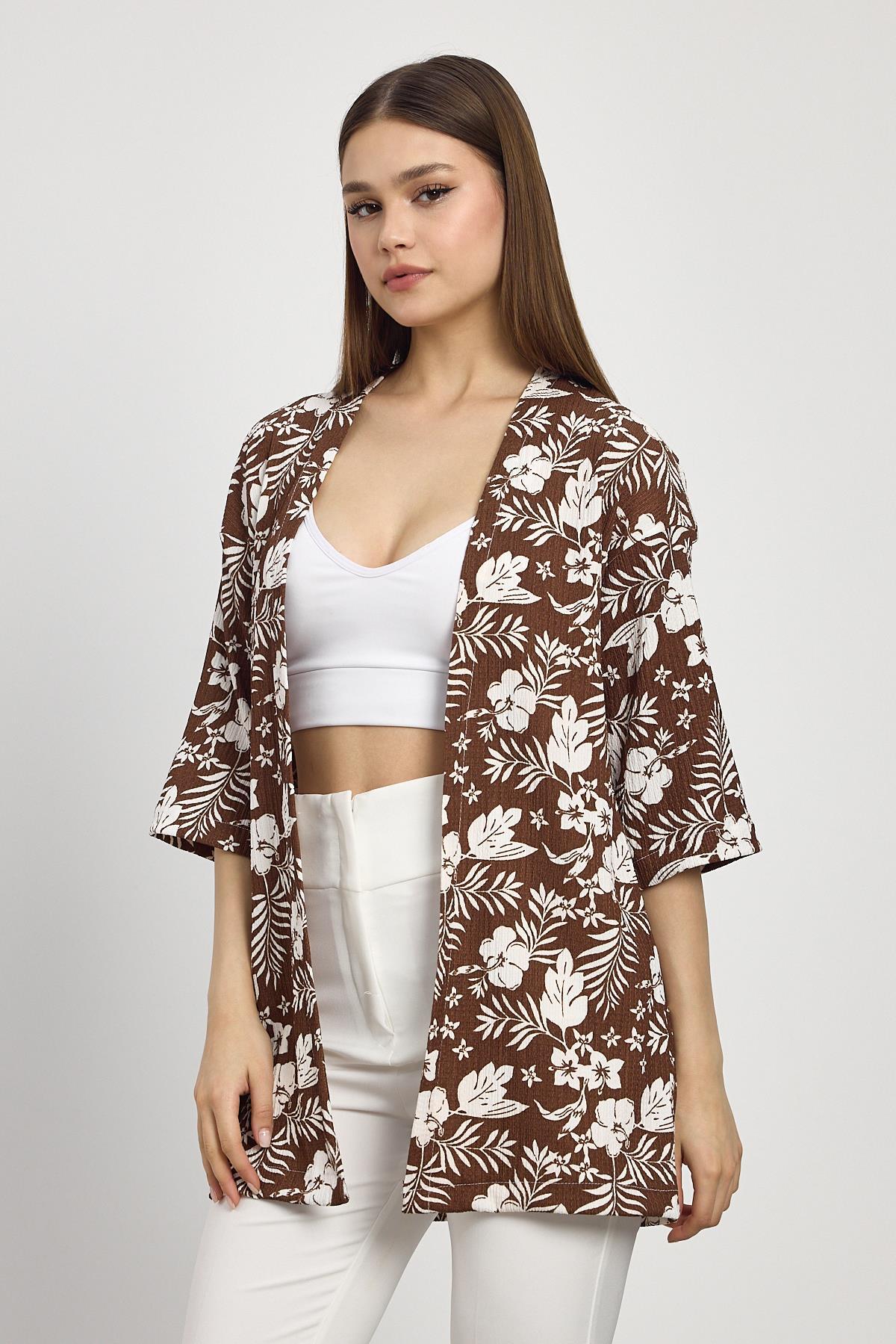 Çiçek Desen Fakir Kol Kimono 4463A Kahve - RAYS