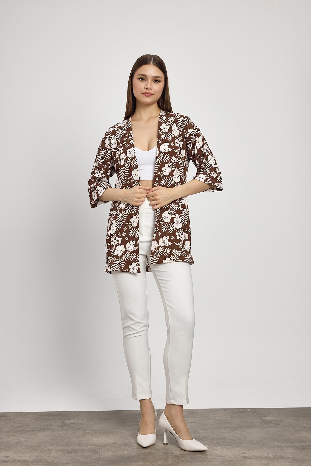 4463A Çiçek Desen Fakir Kol Kimono Kahve - RAYS (1)