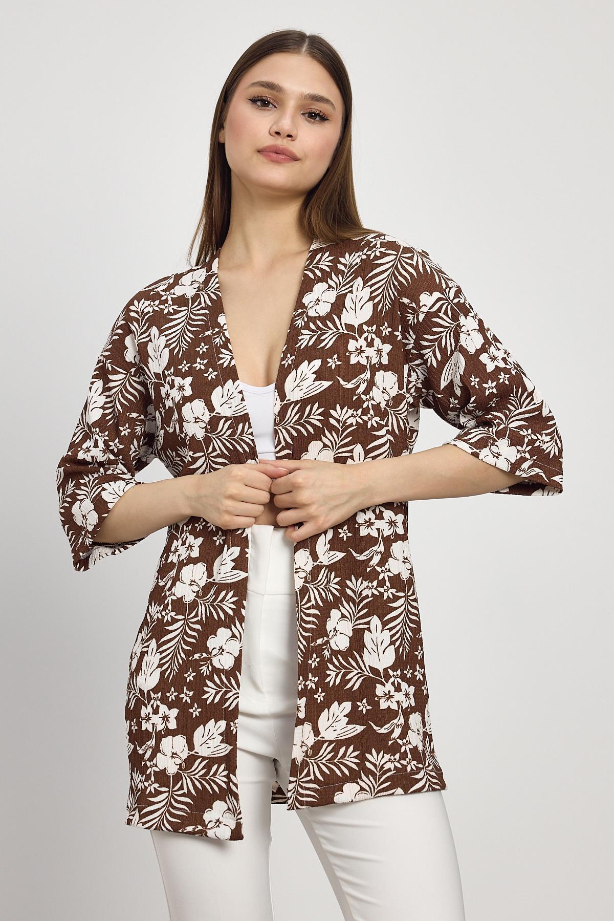 4463A Çiçek Desen Fakir Kol Kimono Kahve - RAYS