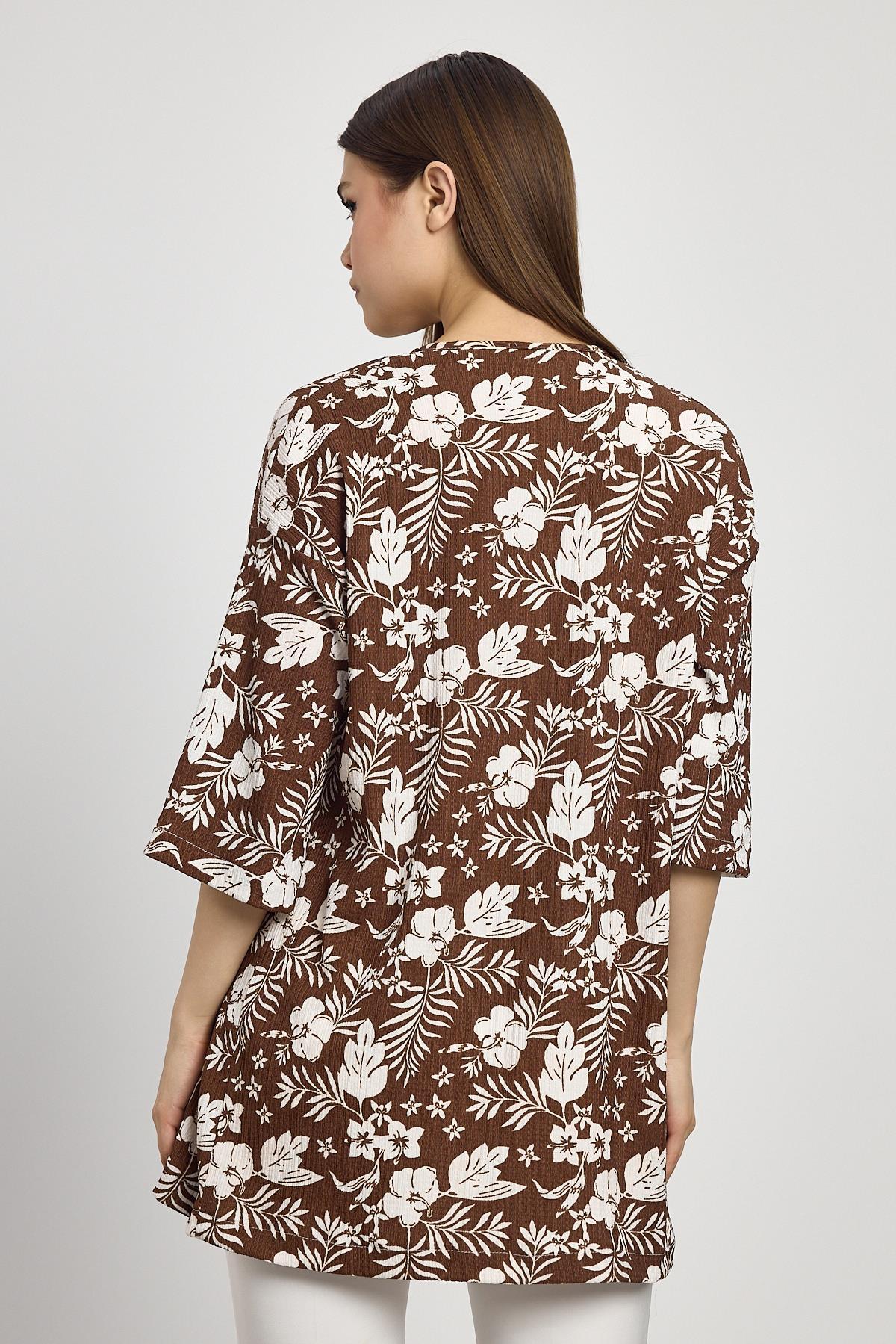 Kahve Çiçek Desen Fakir Kol Kimono 4463A - 5