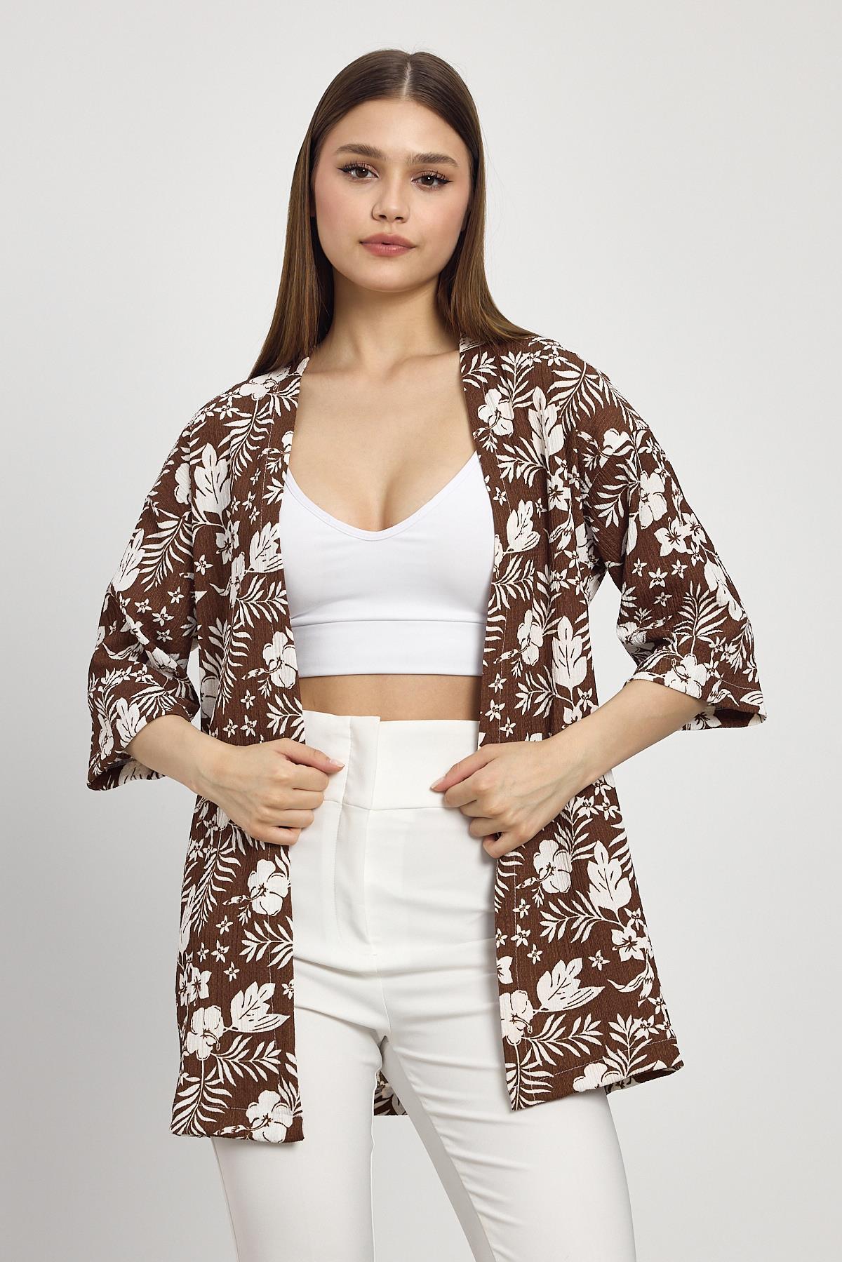 Kahve Çiçek Desen Fakir Kol Kimono 4463A - 6