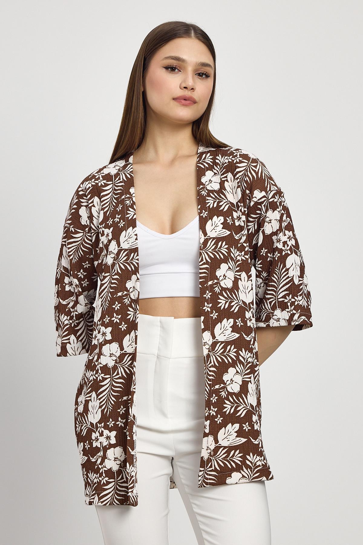 Kahve Çiçek Desen Fakir Kol Kimono 4463A - 8