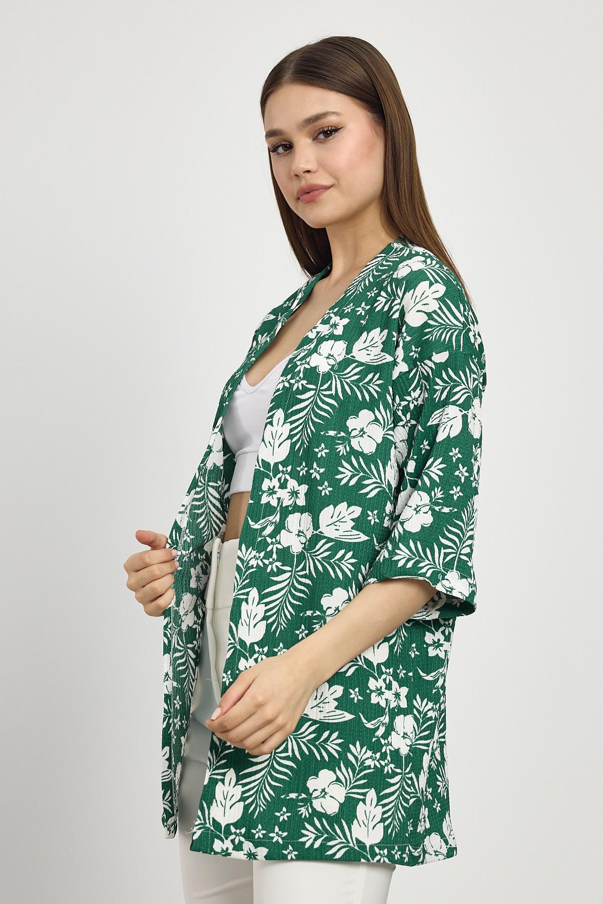 4463A Çiçek Desen Fakir Kol Kimono Zümrüt - RAYS
