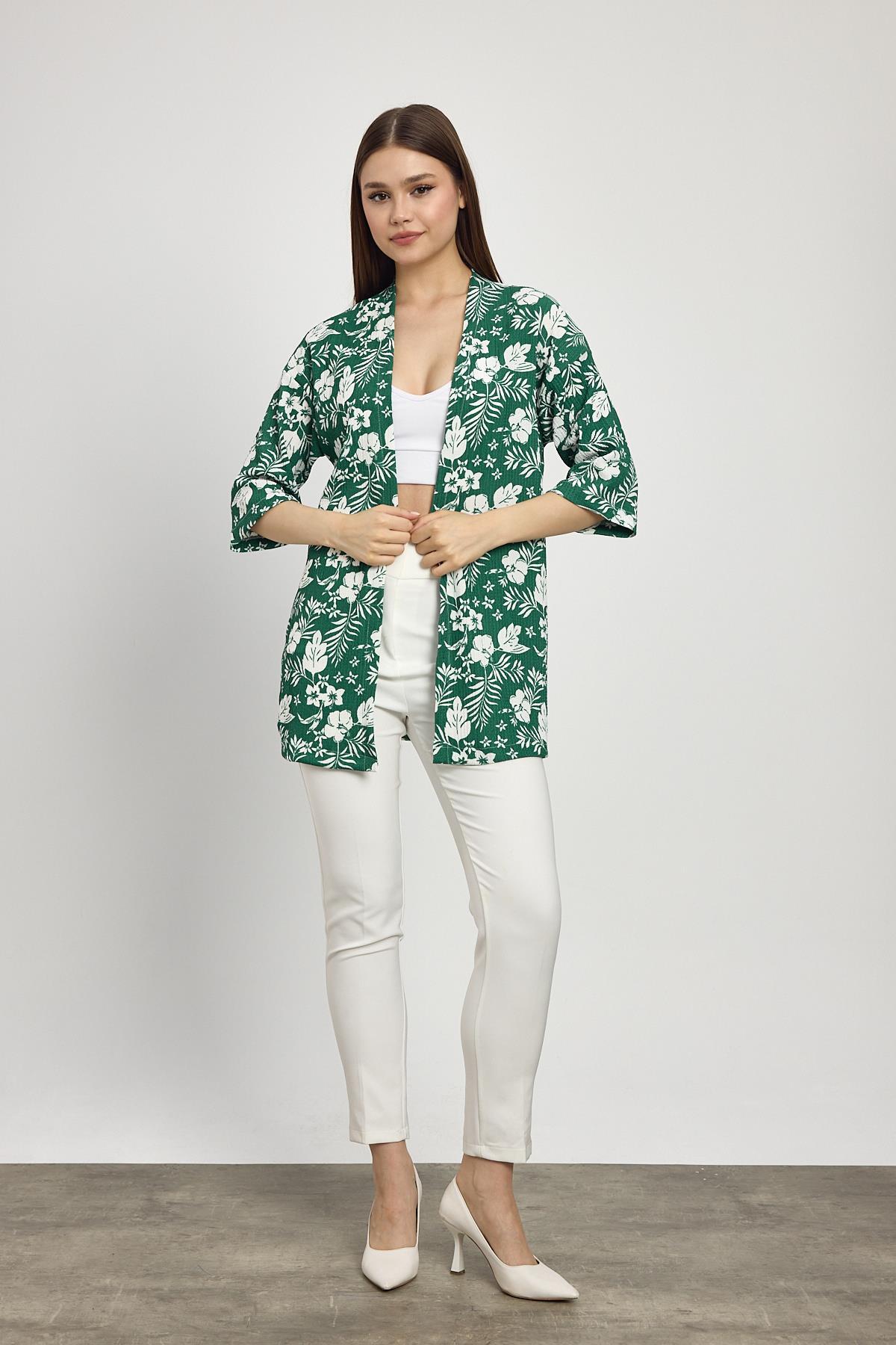 4463A Çiçek Desen Fakir Kol Kimono Zümrüt - 1